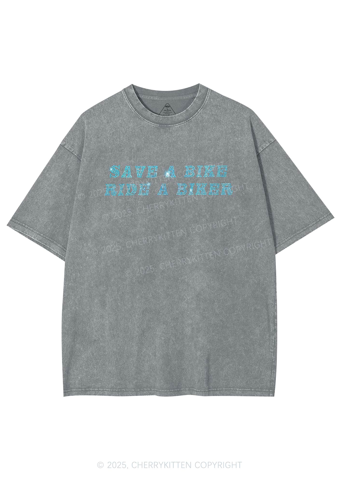 Rhinestone Save Bike Ride Biker Y2K Shirts Washed Tee Cherrykitten