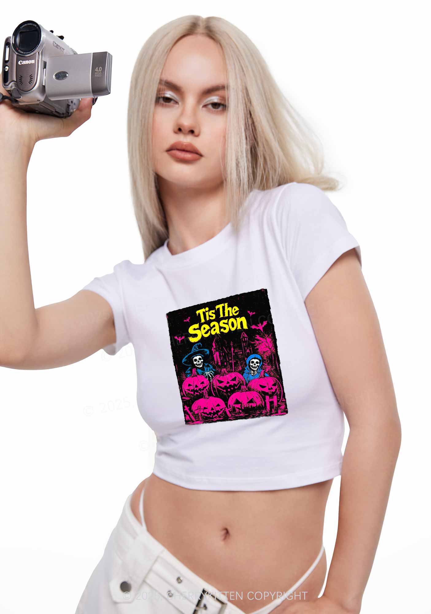 Halloween Tis The Season Skull Y2K Baby Tee Cherrykitten