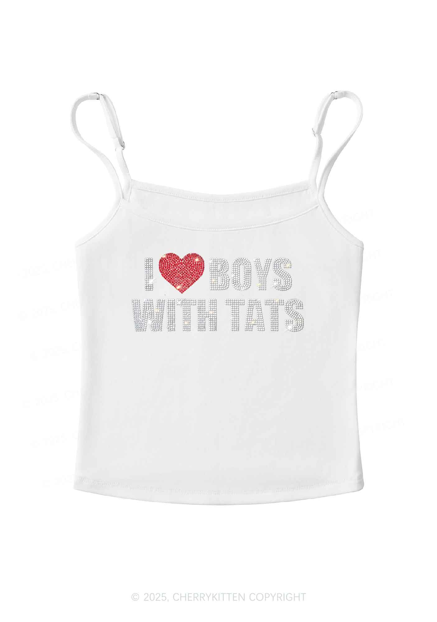Rhinestone I Love Boys With Tats Y2K Spaghetti Strap Cami Cherrykitten