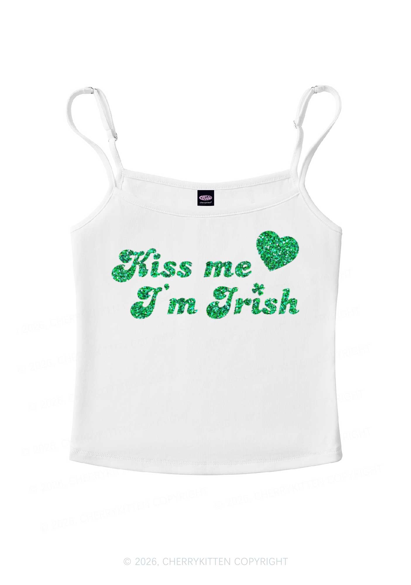 Glitter Kiss Me Im Irish St Patricks Y2K Spaghetti Strap Cami Cherrykitten