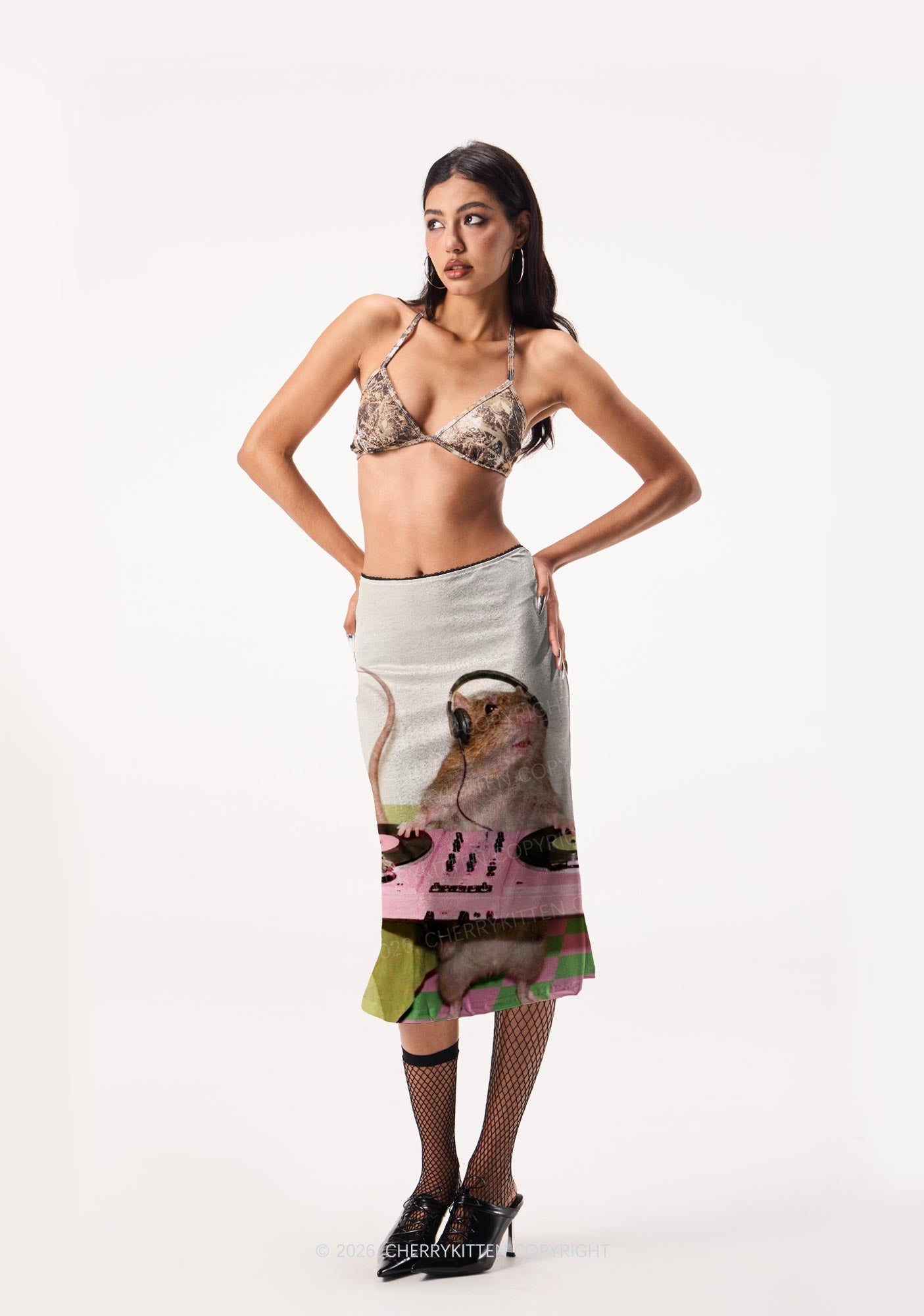 Dj Rat Pink Turntable Y2K Print Midi Skirt Cherrykitten