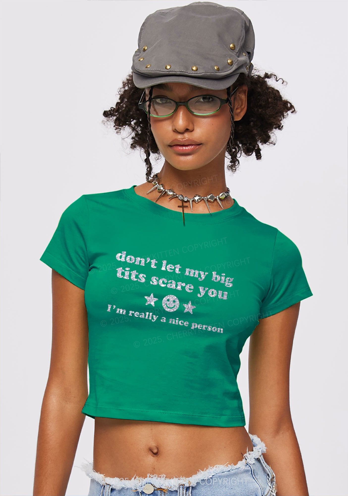 Glitter Dont Let My Big Txts Scare You Y2K Baby Tee Cherrykitten