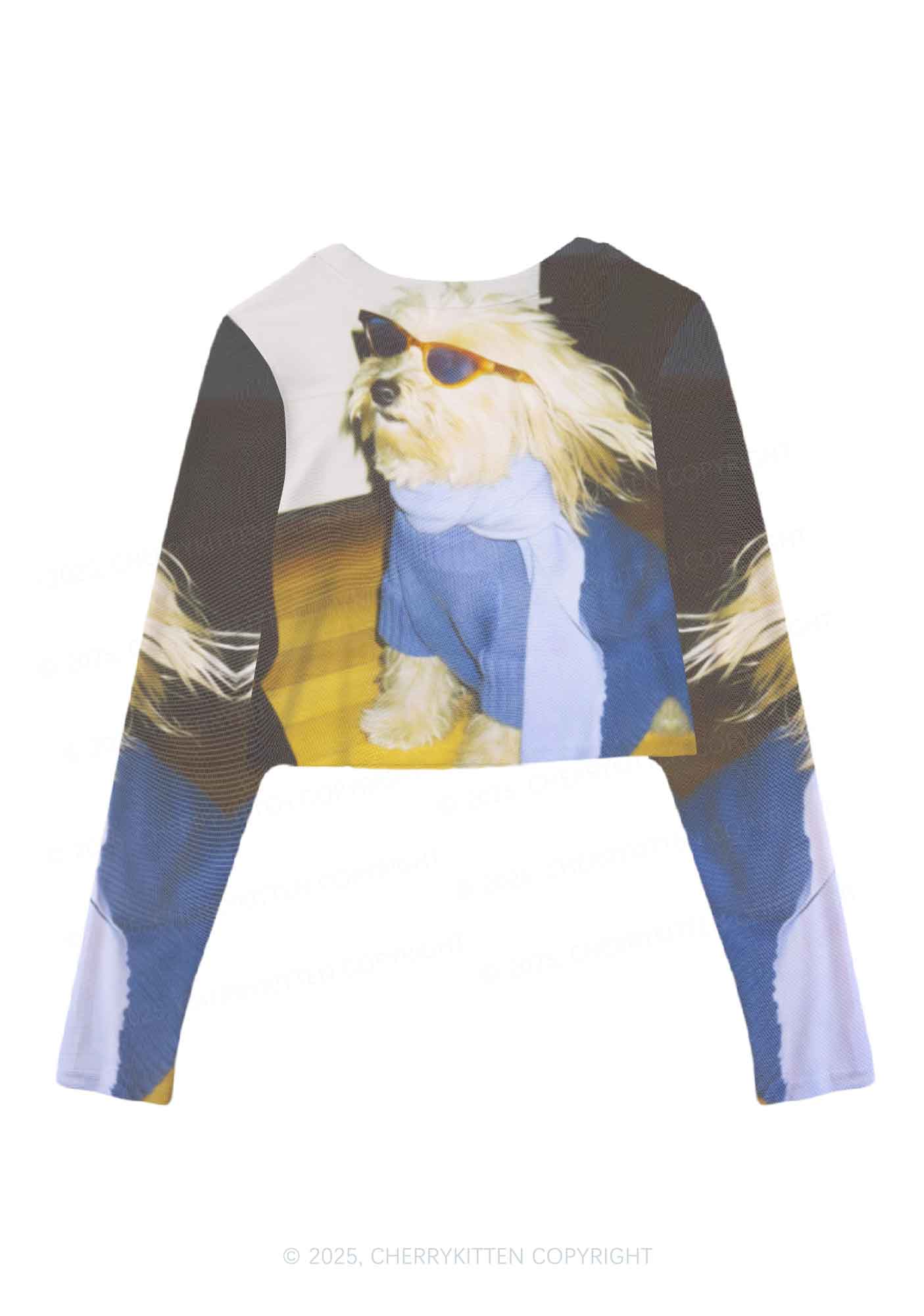 Sunglasses Puppy Y2K Mesh Long Sleeve Crop Top Cherrykitten