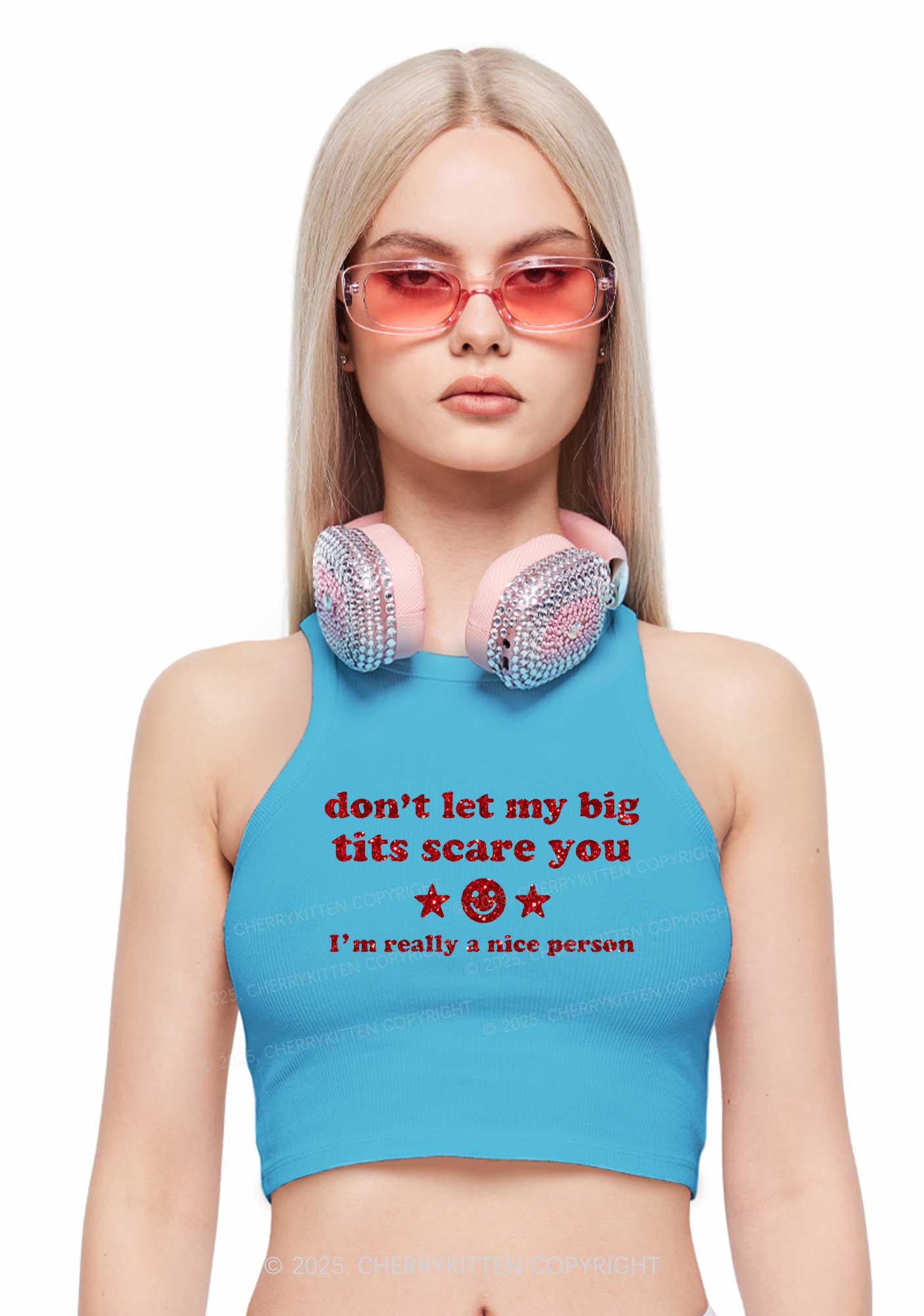 Glitter Dont Let My Big Txts Scare You Y2K Crop Tank Top Cherrykitten