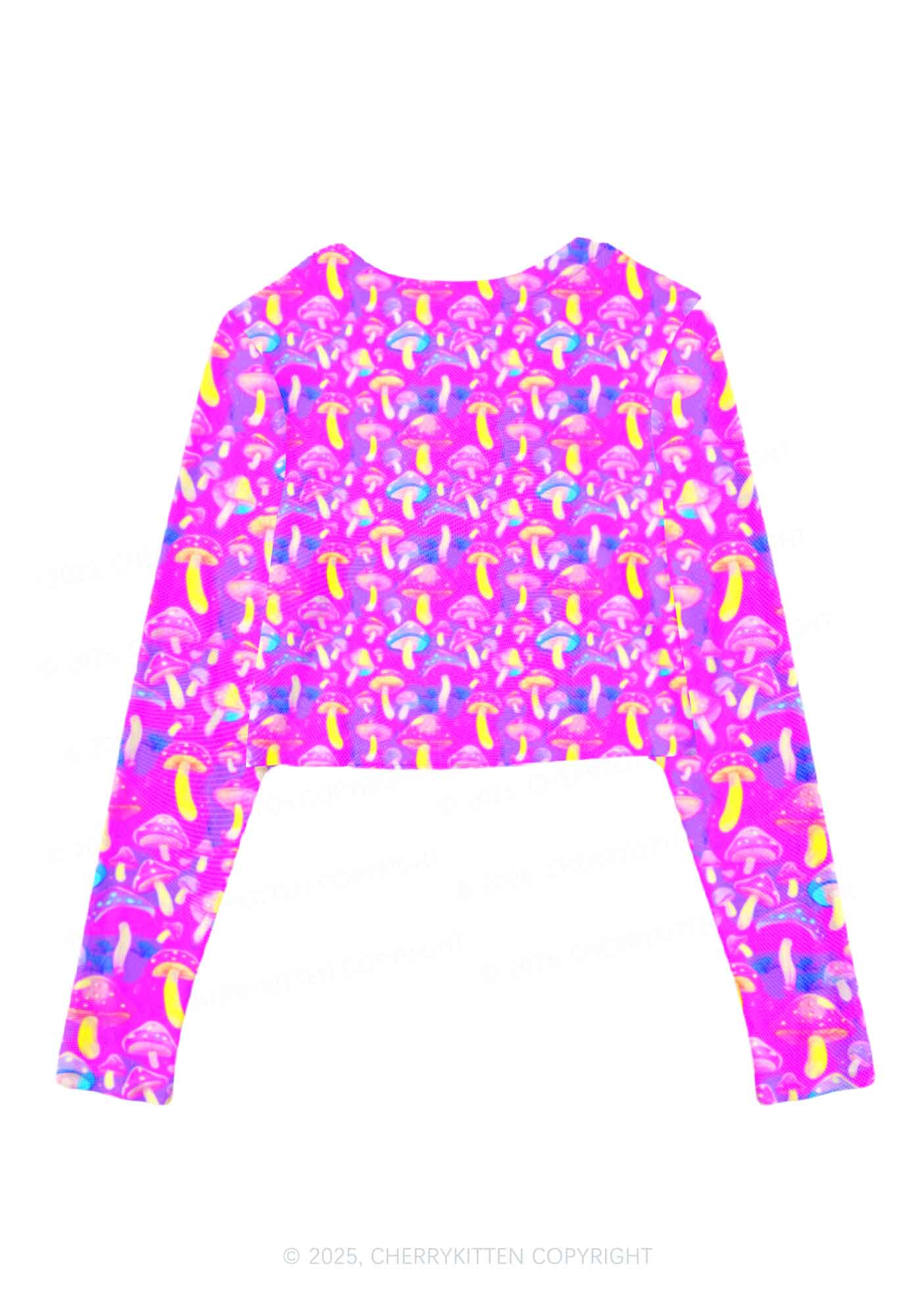 Trippy Mushrooms Y2K Mesh Long Sleeve Crop Top Cherrykitten