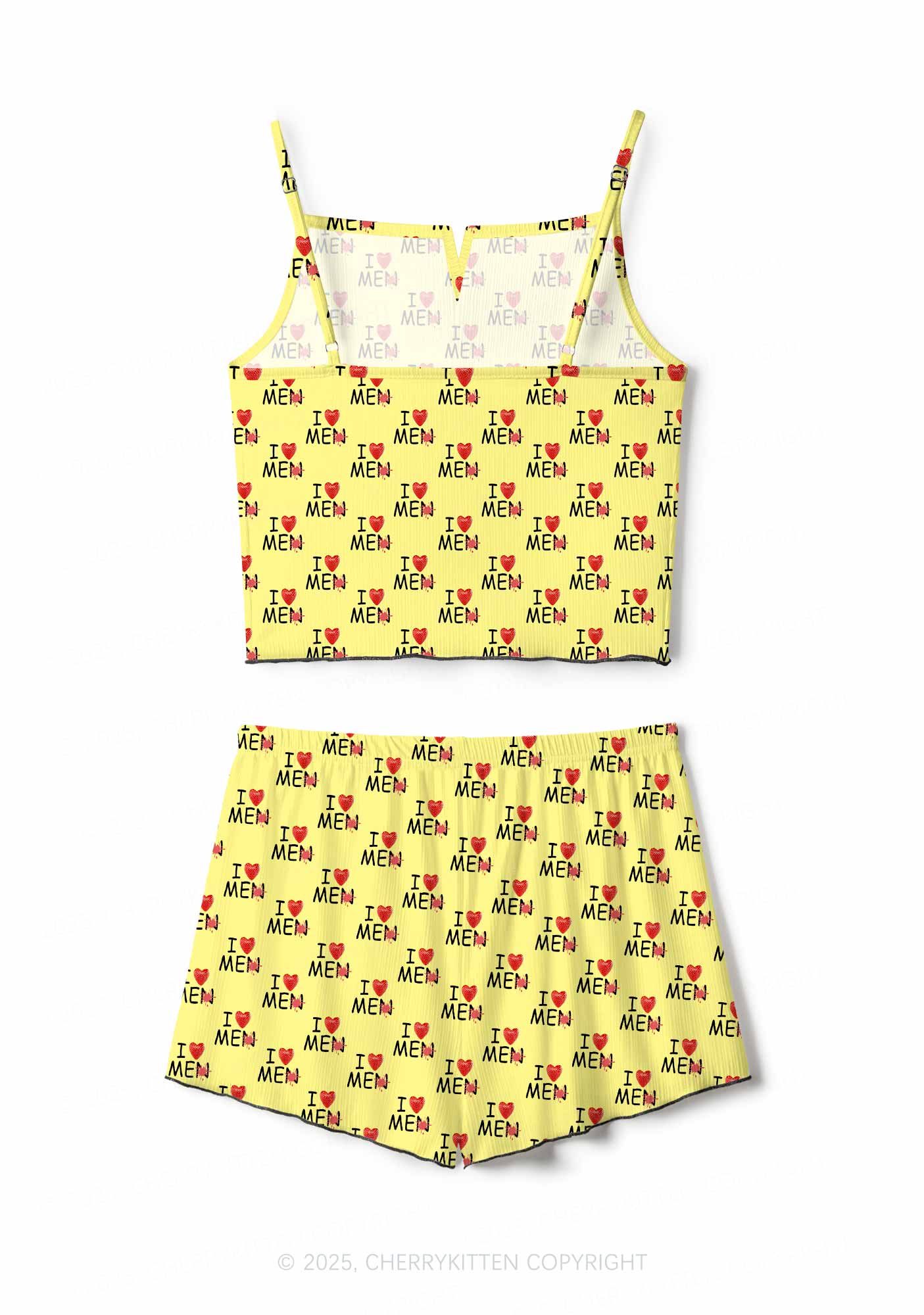 Love Me Not Men Yellow Valentine's Day Y2K Print Cami Shorts Pajama Set Cherrykitten