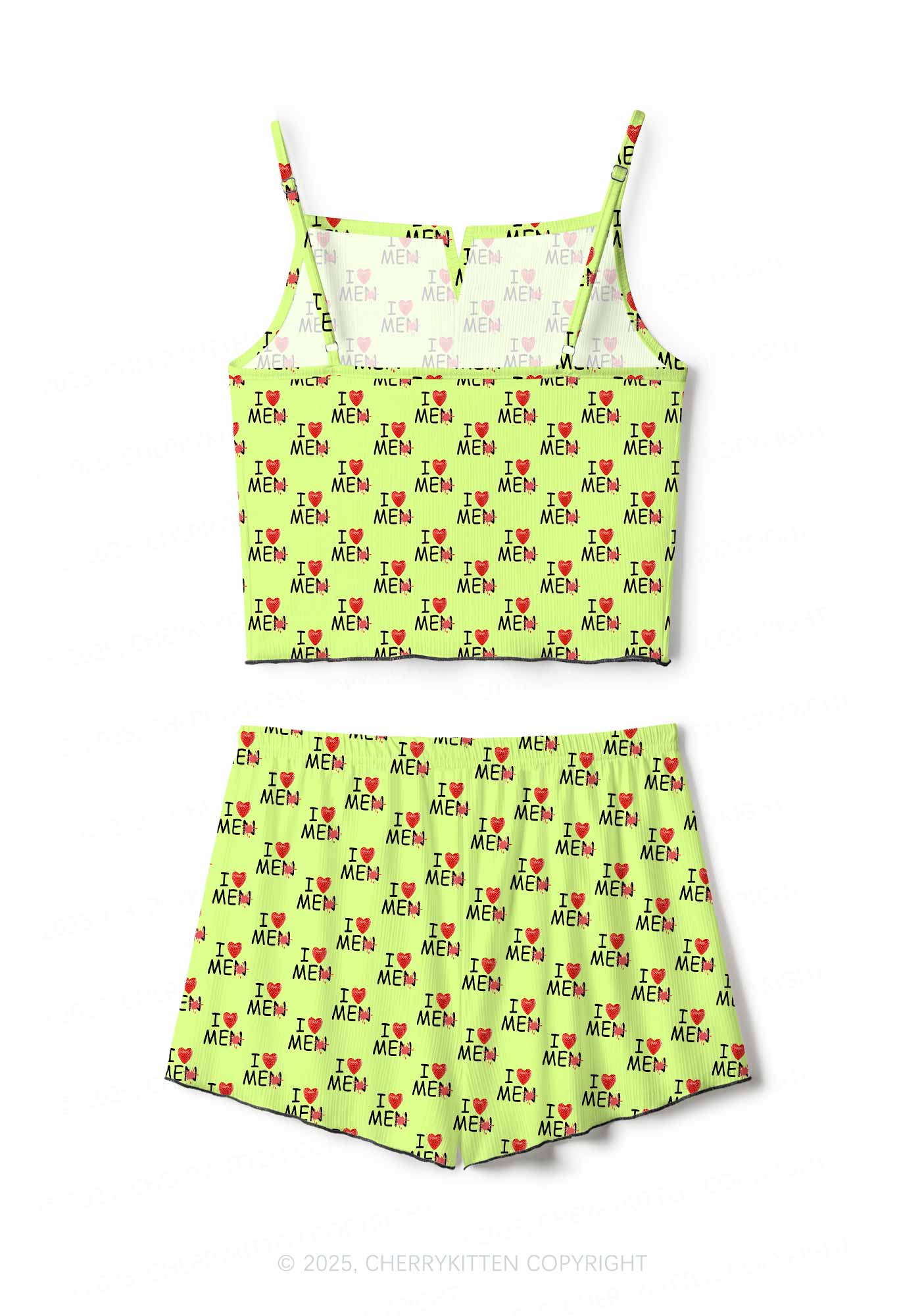 Love Me Not Men Green Valentine's Day Y2K Print Cami Shorts Pajama Set Cherrykitten