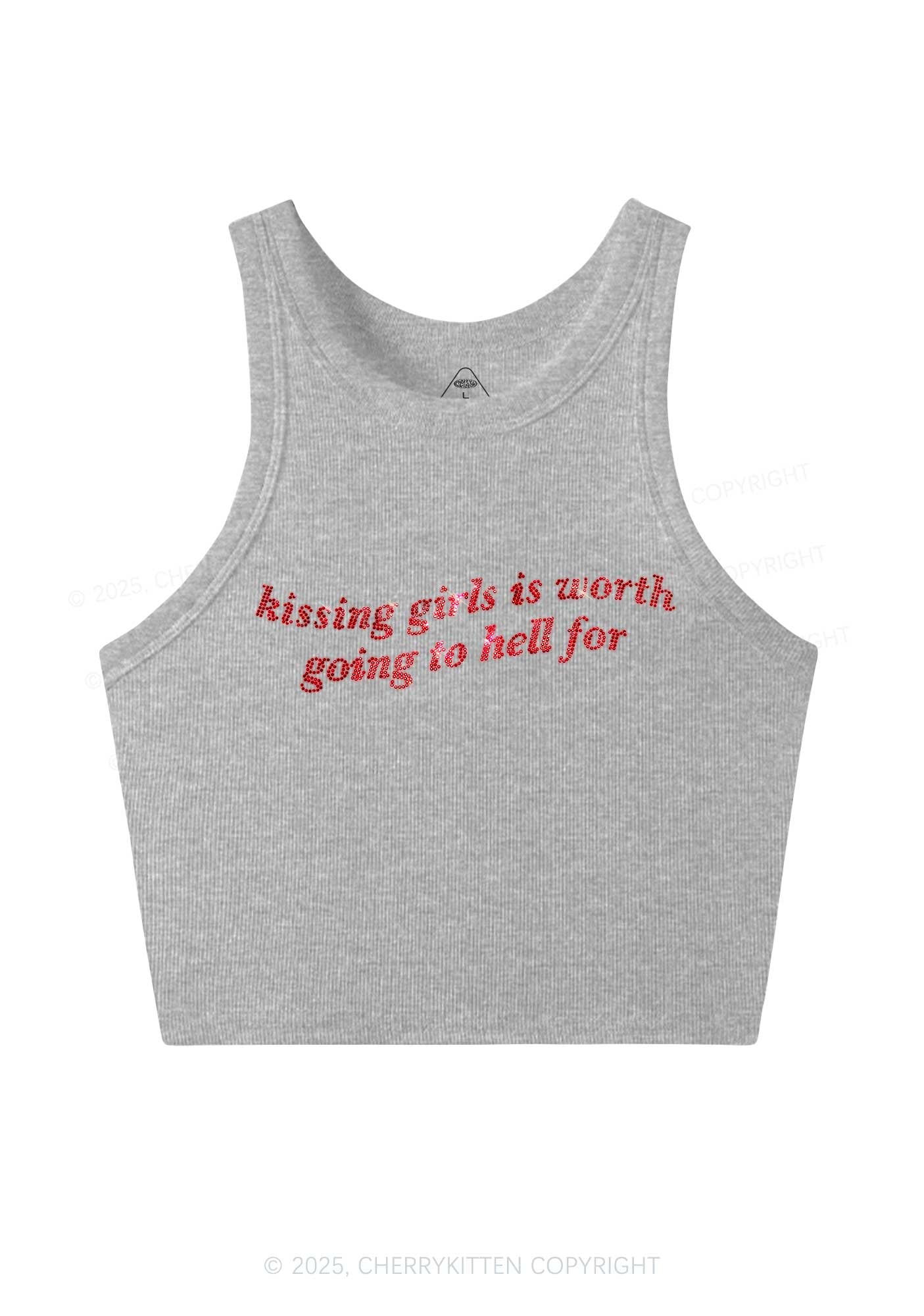 Rhinestone Kissing Girls is Worth Pride Y2K Crop Tank Top Cherrykitten