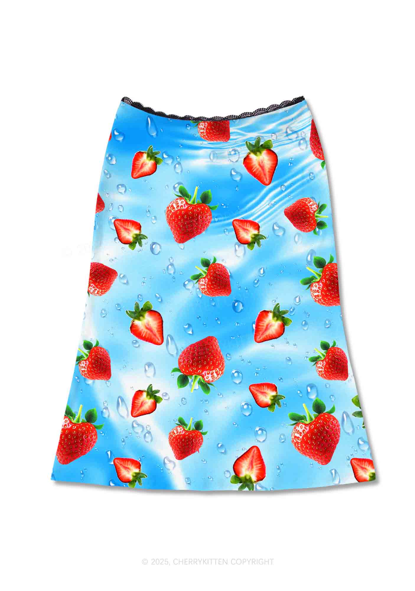 Blue Strawberry Y2K Print Midi Skirt Cherrykitten