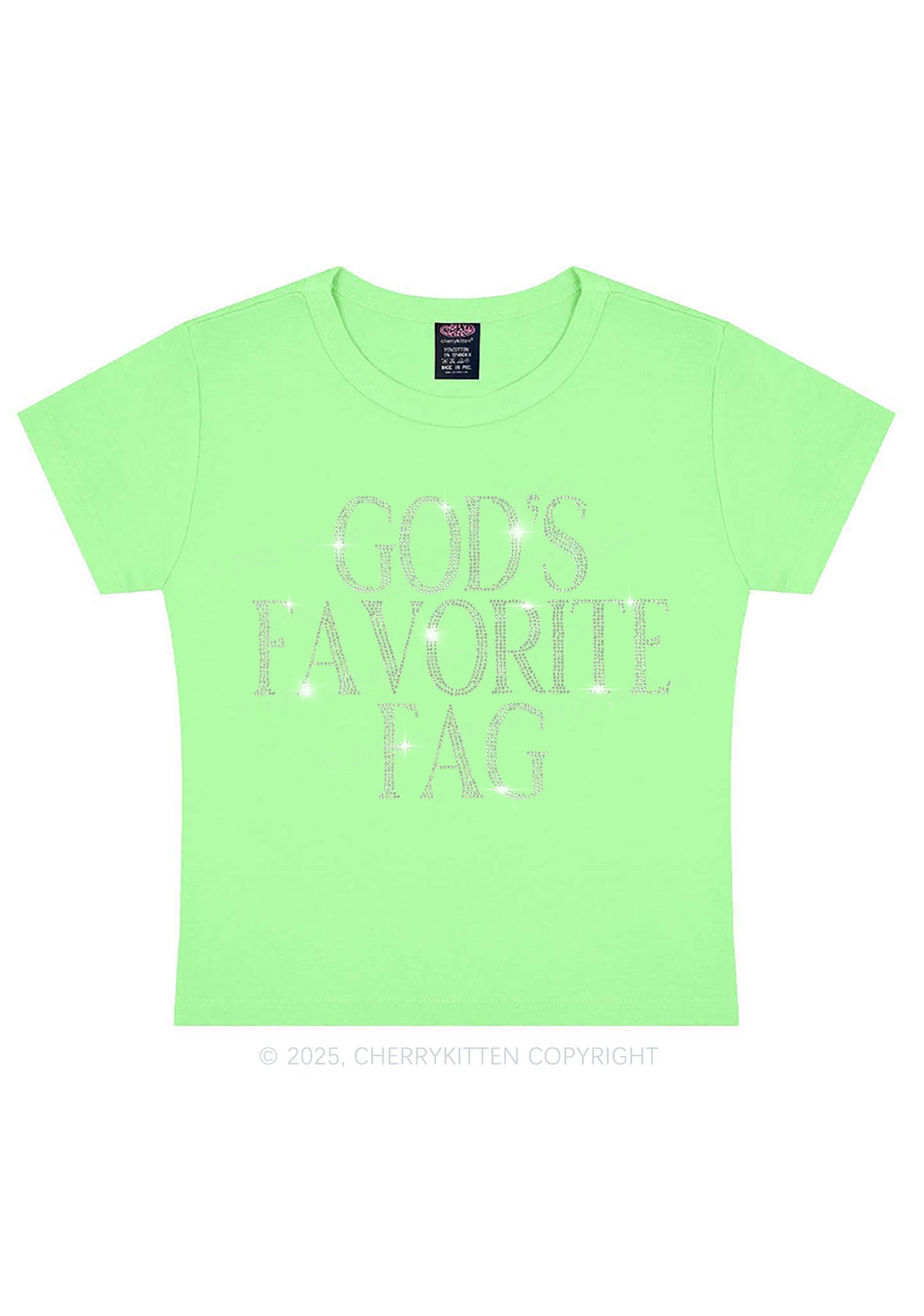 Rhinestone Gods Favorite Fag Pride Y2K Baby Tee Cherrykitten