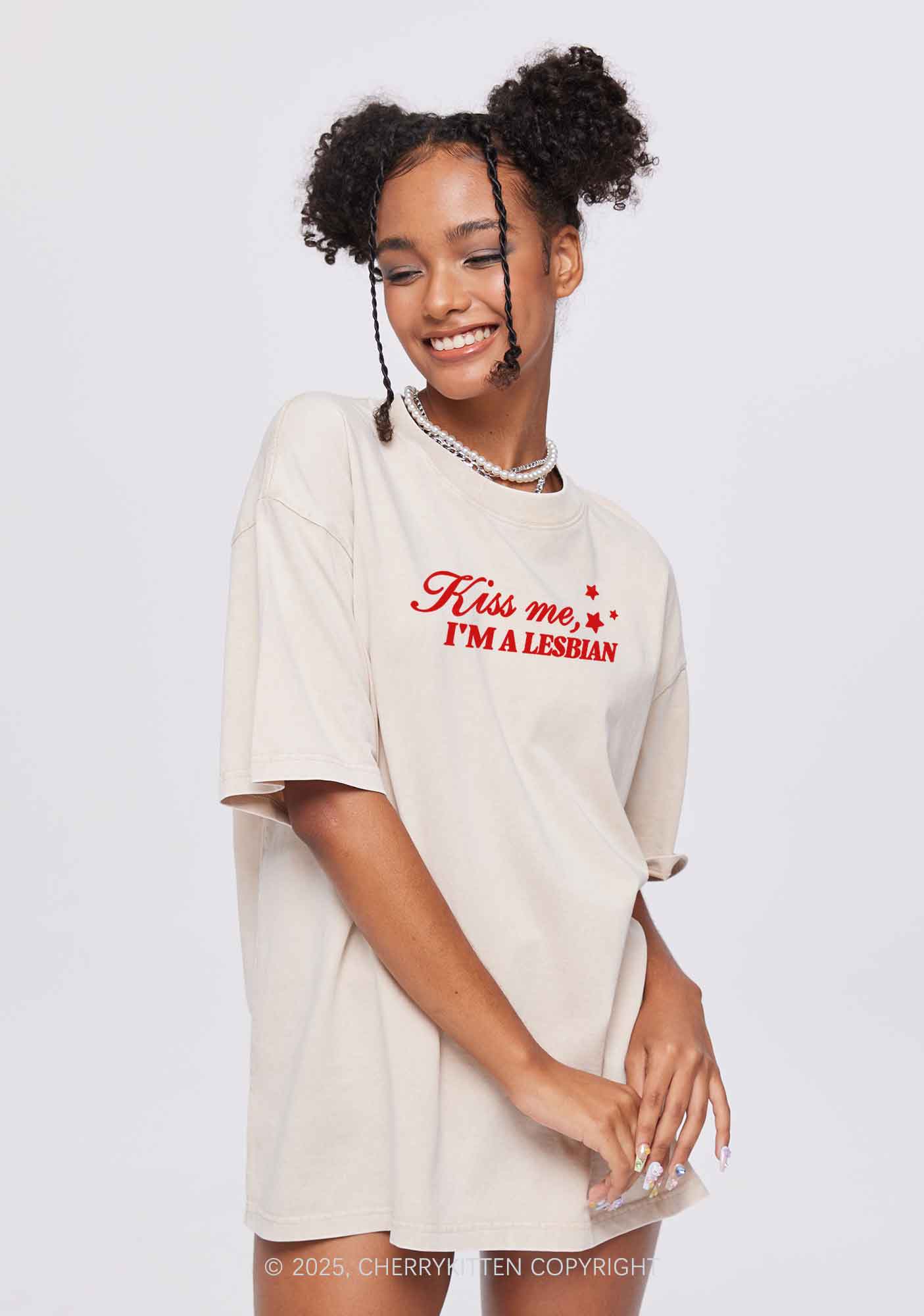 Kiss Me Im Lesbian Pride Y2K Shirts Washed Tee Cherrykitten