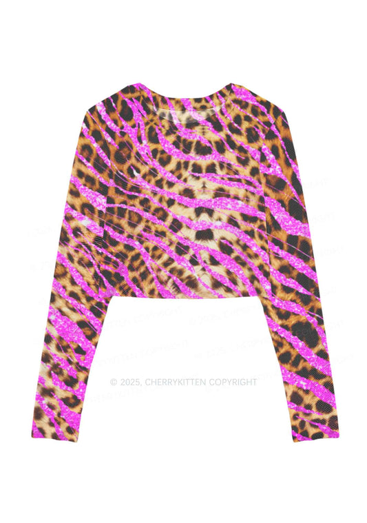 Sparkle Pink Leopard Y2K Mesh Long Sleeve Crop Top Cherrykitten