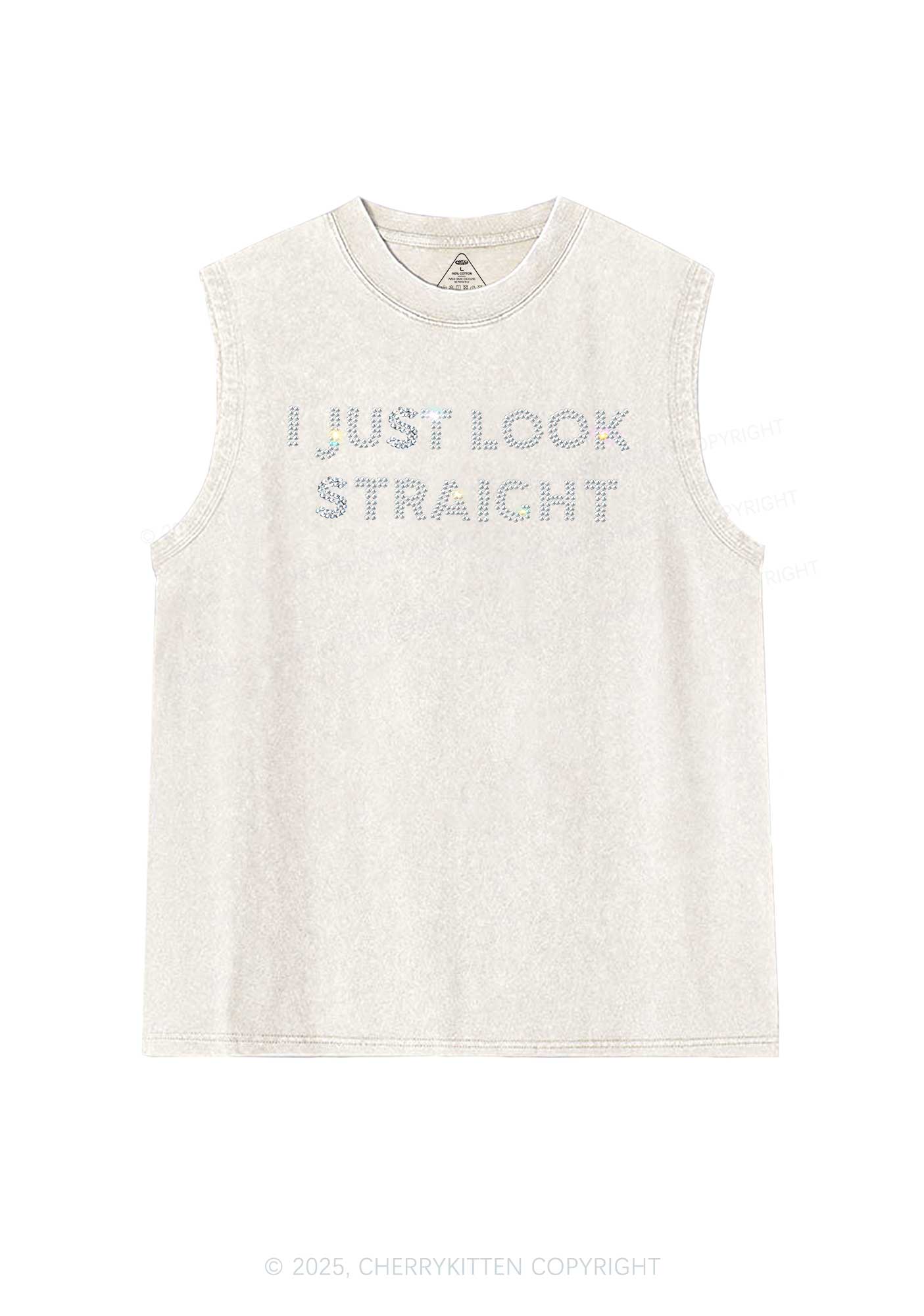 Rhinestone I Just Look Straight Pride Y2K Washed Muscle Tank Cherrykitten