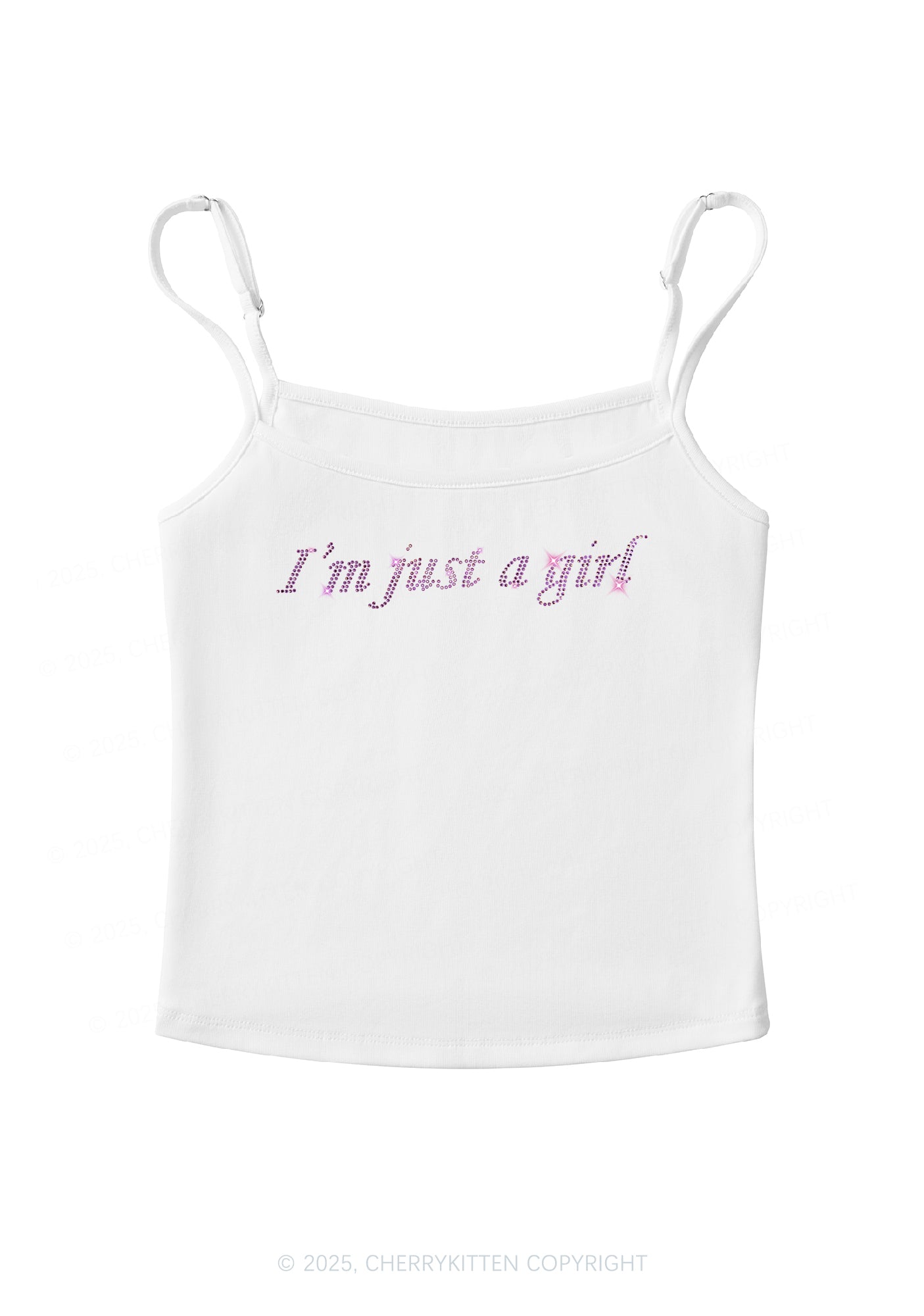 Rhinestone Just A Girl Y2K Spaghetti Strap Cami Cherrykitten