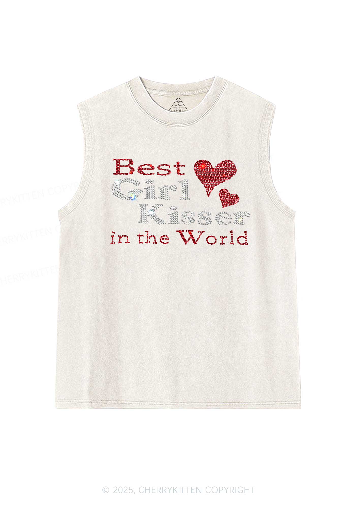 Rhinestone Best Girl Kisser Pride Y2K Washed Muscle Tank Cherrykitten