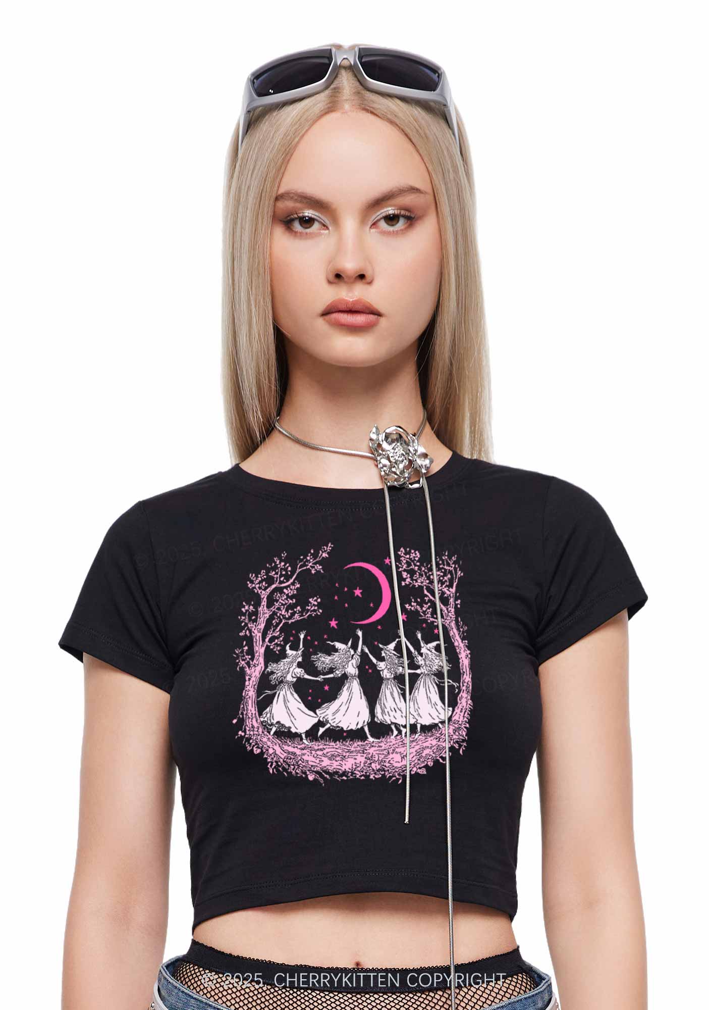 Halloween Witches Dancing Under Moon Y2K Baby Tee Cherrykitten