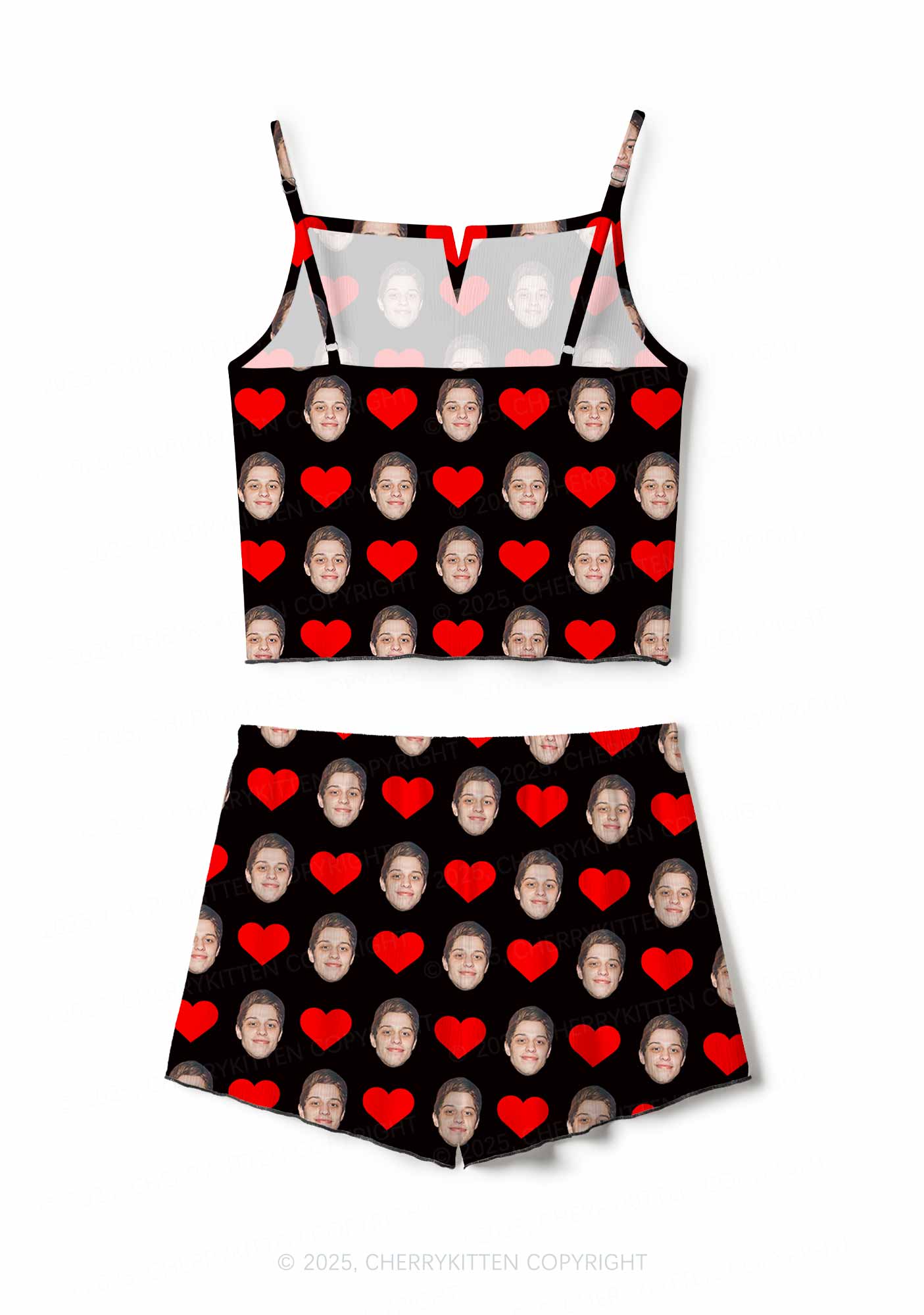 Custom Black Hearts Photo Y2K Valentine's Day Print Cami Shorts Pajama Set Cherrykitten