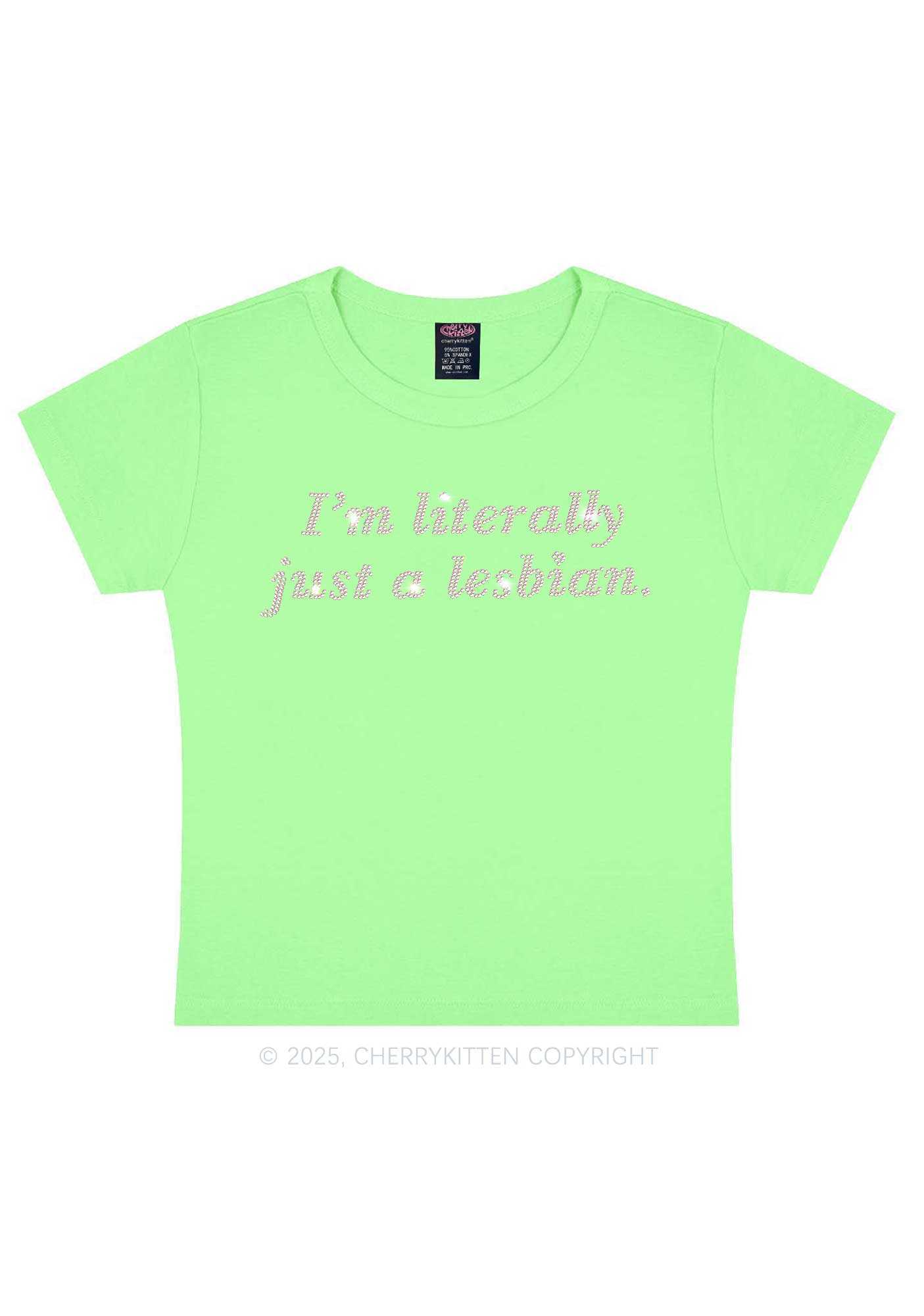 Rhinestone Literally Just A Lesbian Pride Y2K Baby Tee Cherrykitten