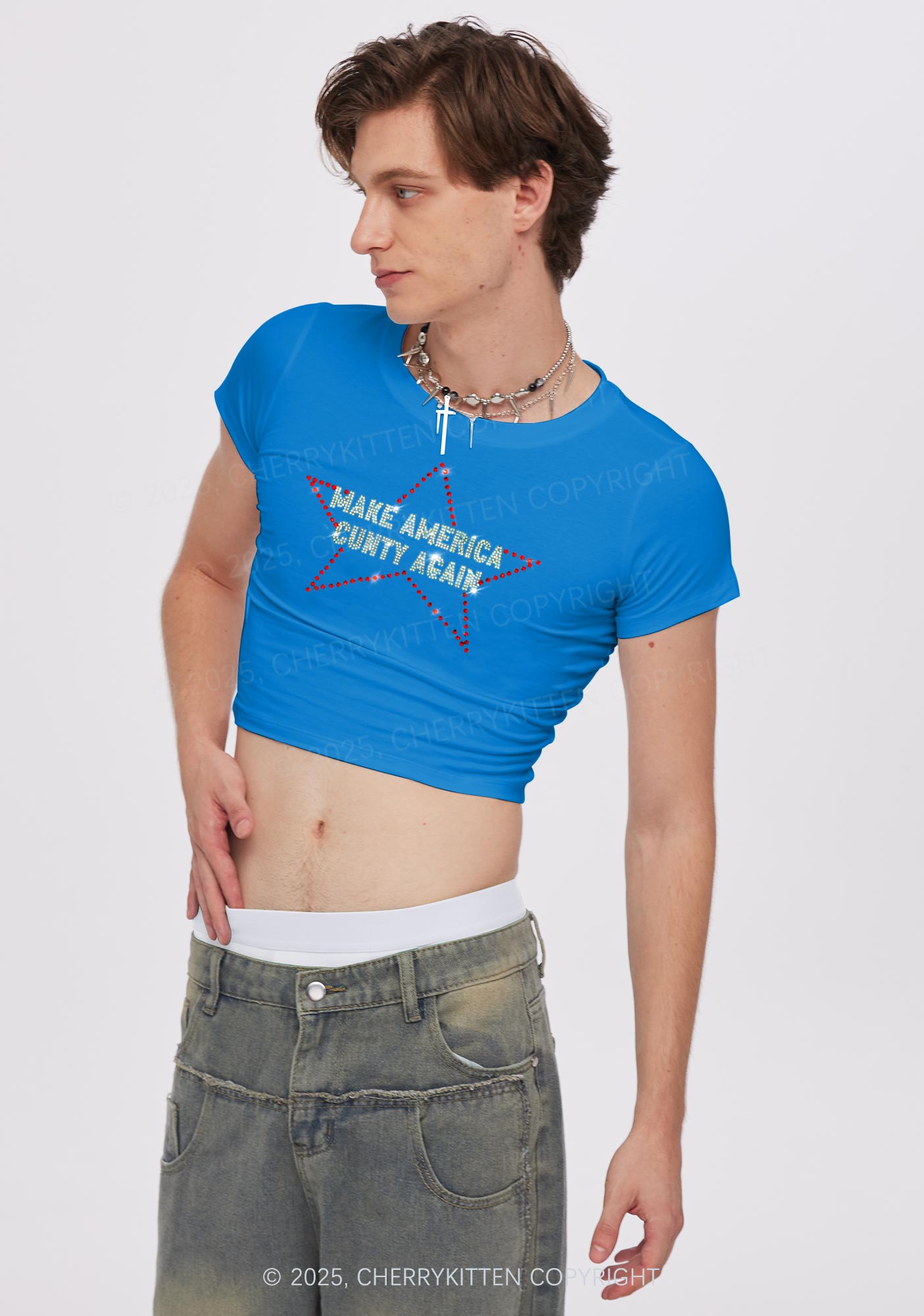 Rhinestone Make America Cxxty Again Y2K Baby Tee Cherrykitten