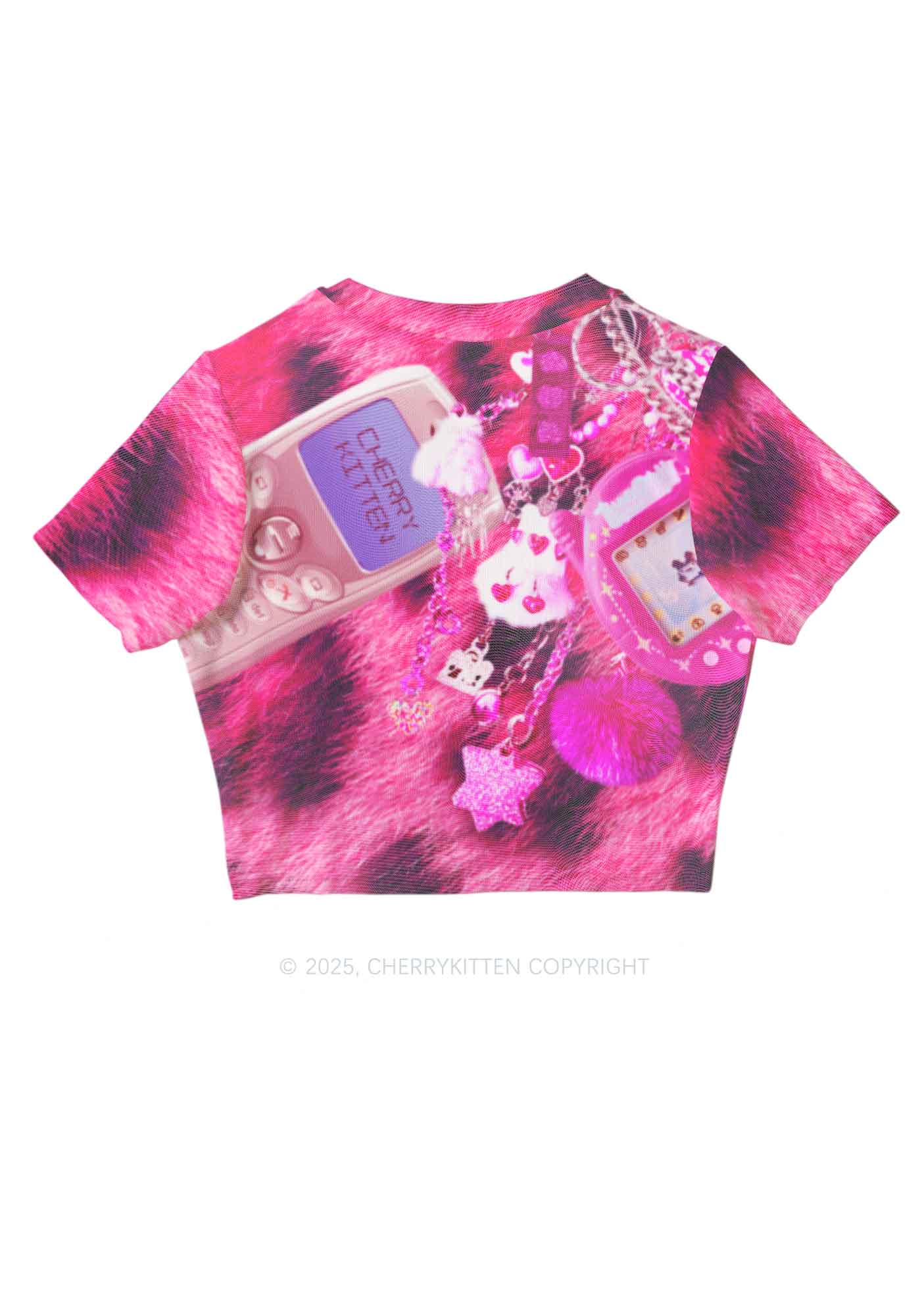 Pink Plush Phone Y2K Mesh Crop Top Cherrykitten