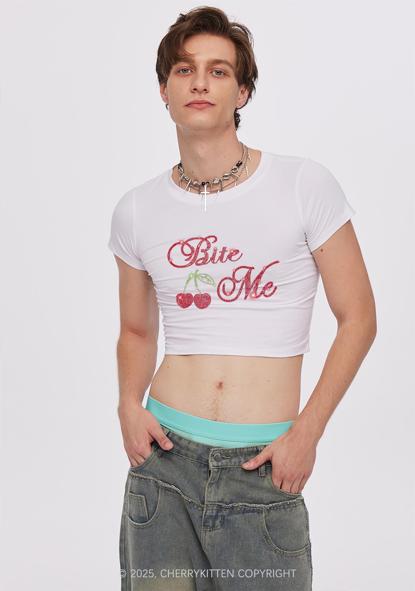 Rhinestone Red Cherry Bite Me Y2K Baby Tee Cherrykitten