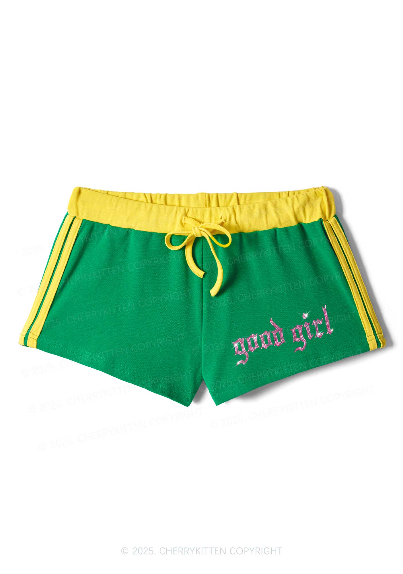 Rhinestone Pink Good Girl Y2K Drawstring Mini Shorts Cherrykitten