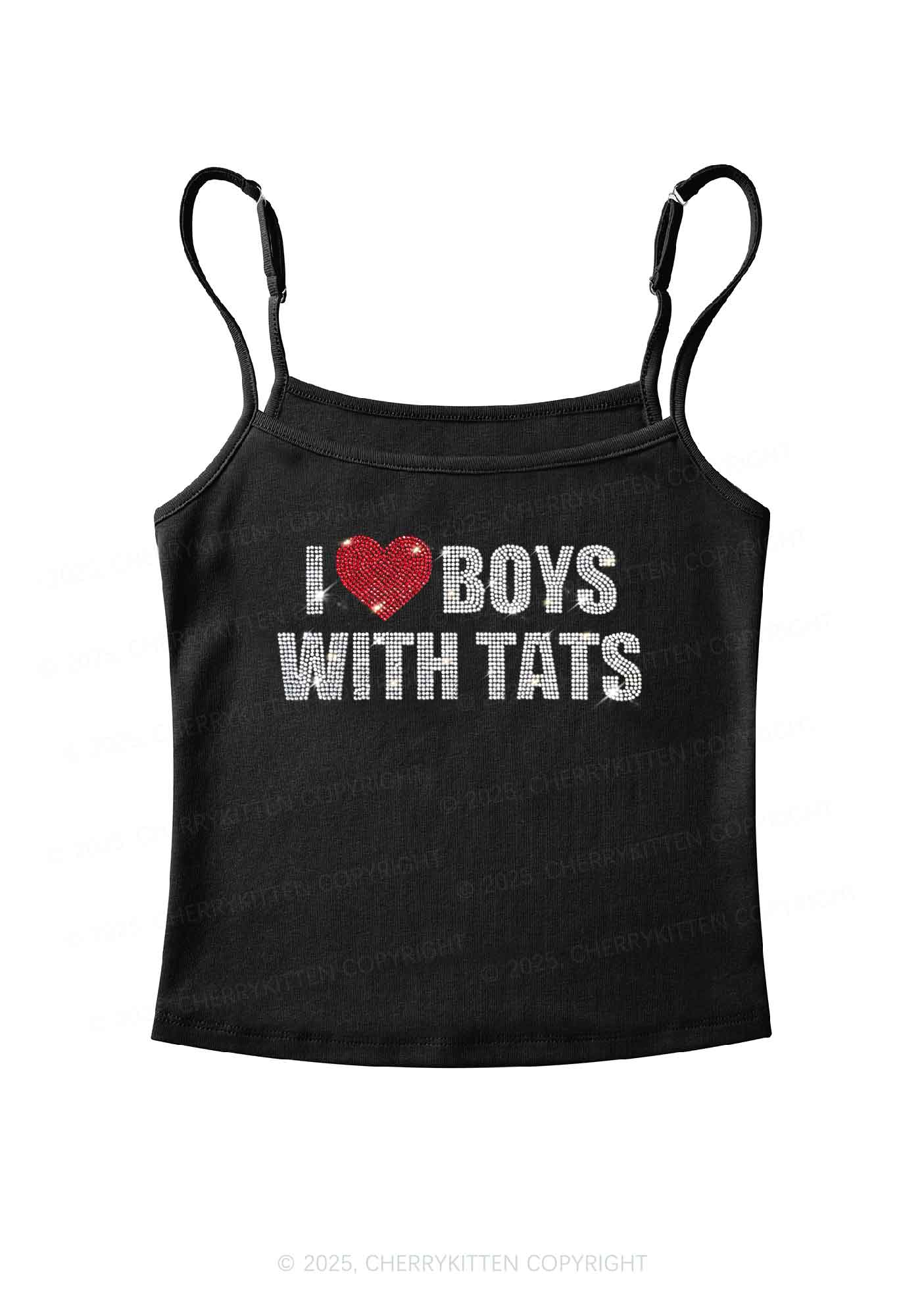Rhinestone I Love Boys With Tats Y2K Spaghetti Strap Cami Cherrykitten