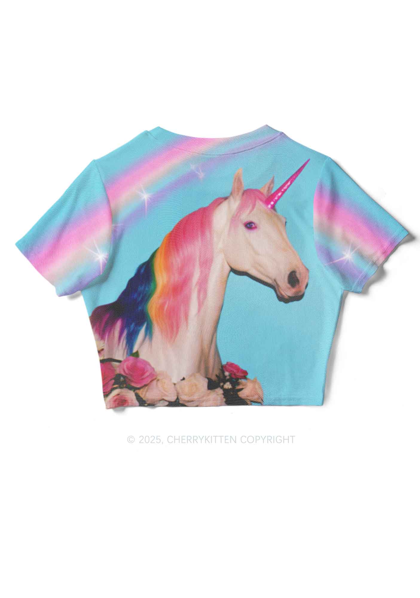 Colorful Unicorn Y2K Mesh Crop Top Cherrykitten