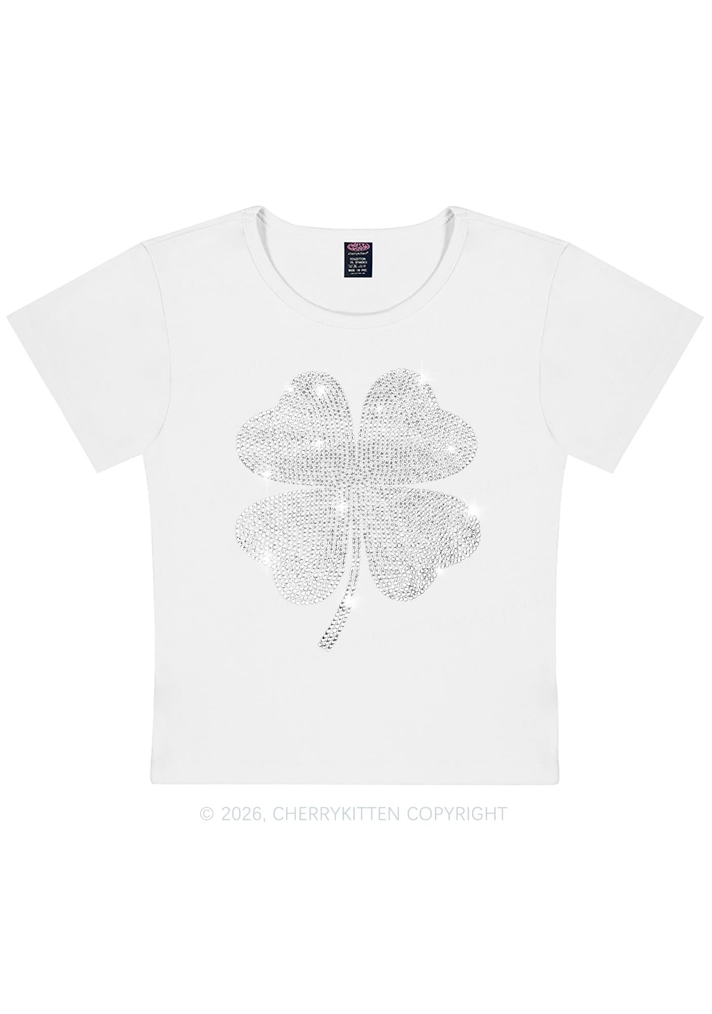 Rhinestone Four Leaf Clover St Patricks Y2K Baby Tee Cherrykitten