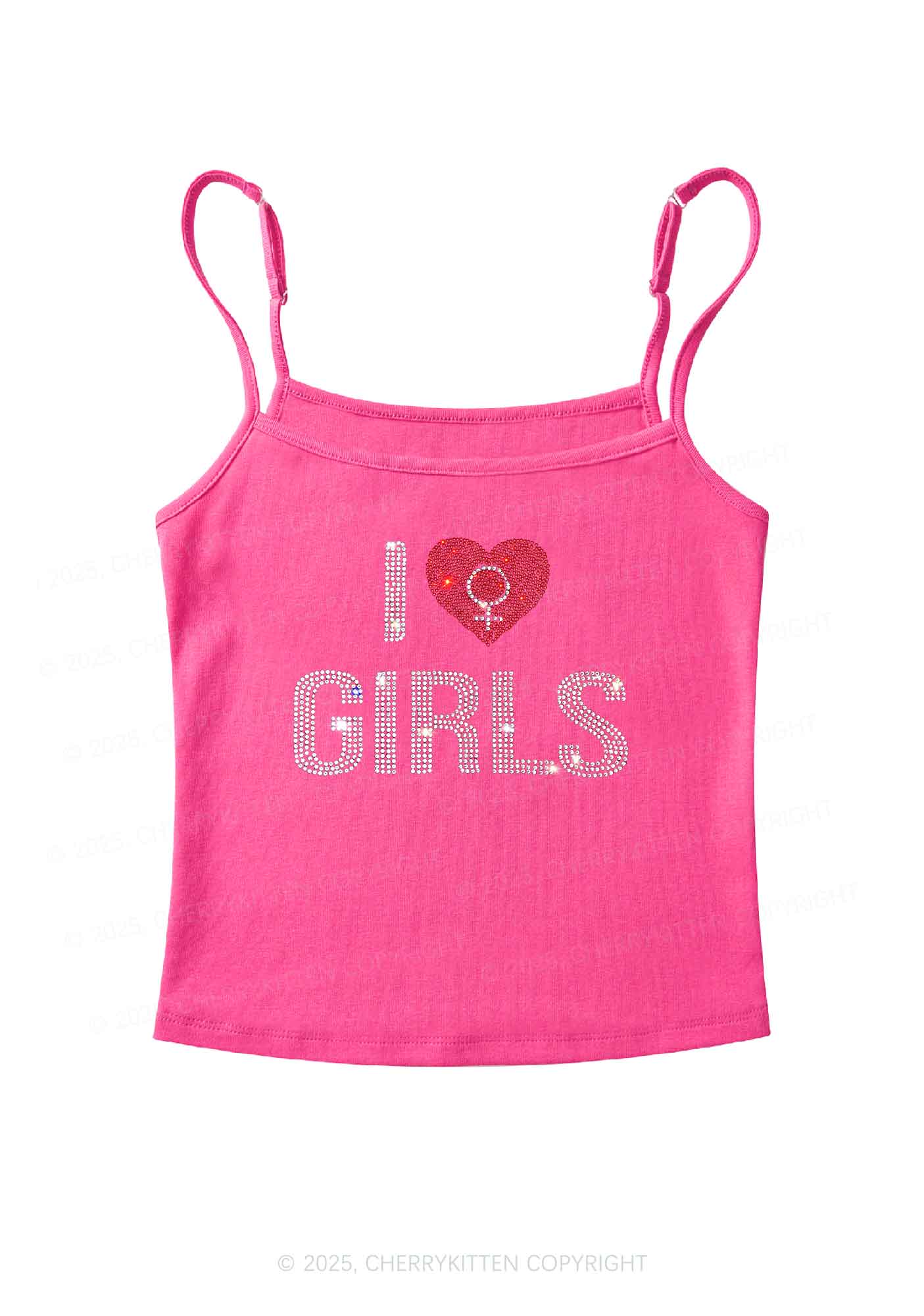 Rhinestone I Love Girls Pride Y2K Spaghetti Strap Cami Cherrykitten