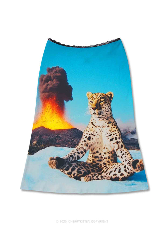 Yoga Leopard And Volcano Y2K Print Midi Skirt Cherrykitten