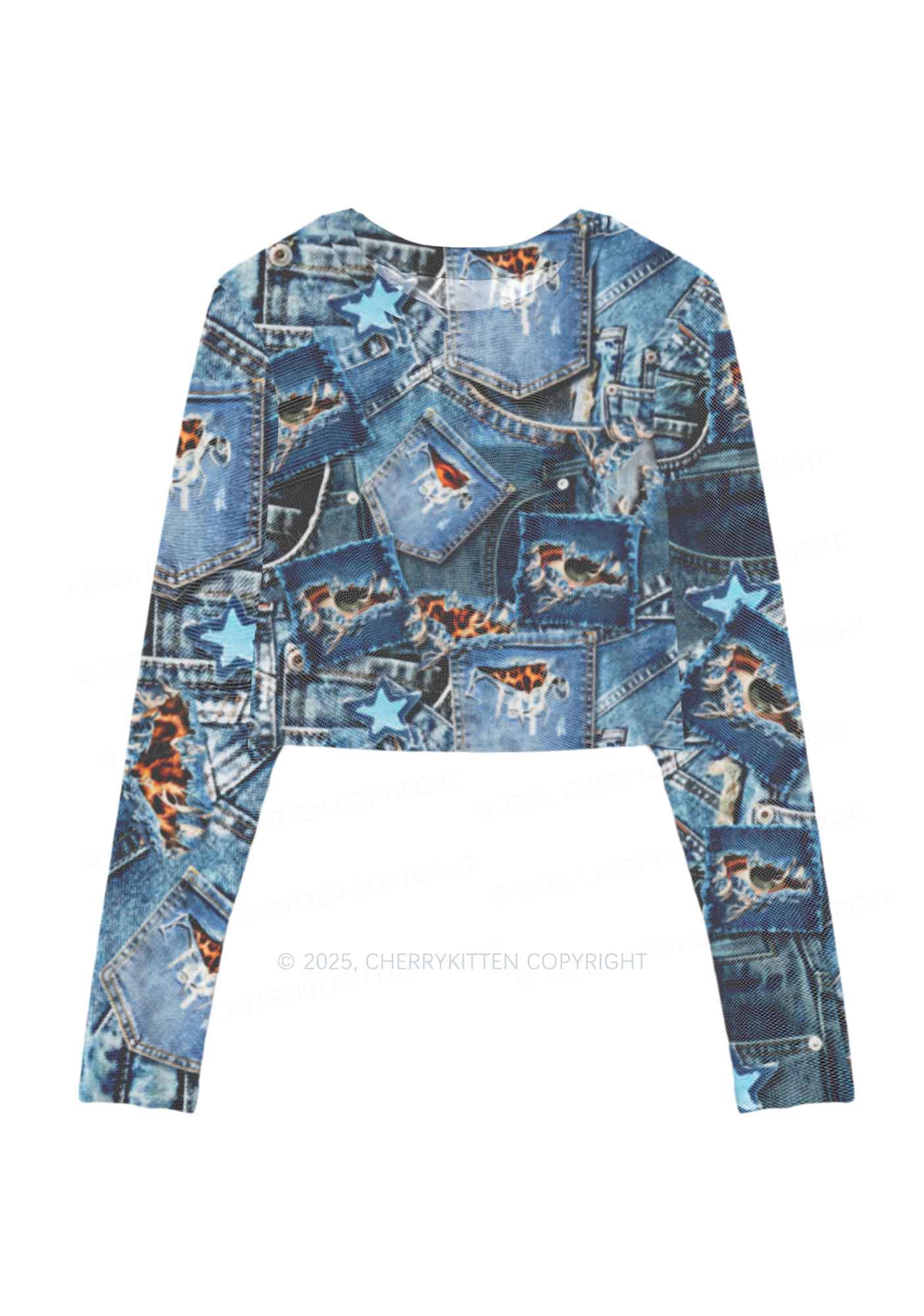 Denim Patchwork Y2K Mesh Long Sleeve Crop Top Cherrykitten