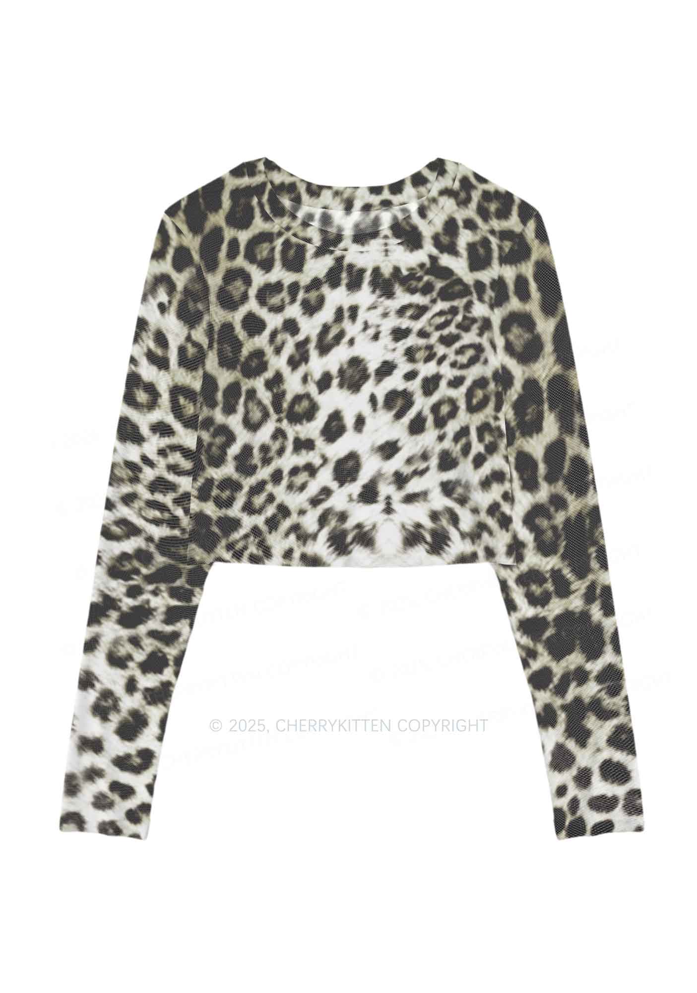 Wild Leopard Y2K Mesh Long Sleeve Crop Top Cherrykitten