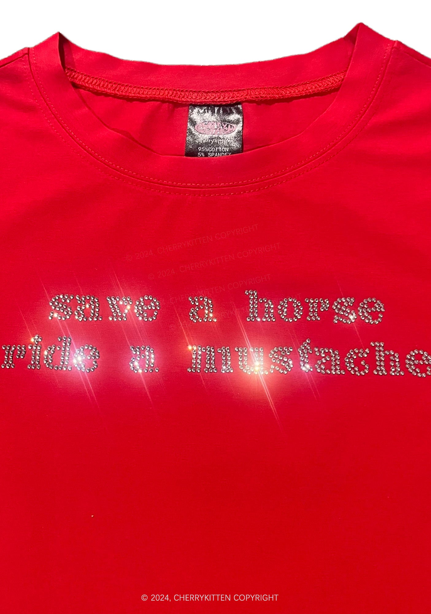 Rhinestone Ride A Mustache Y2K Baby Tee Cherrykitten