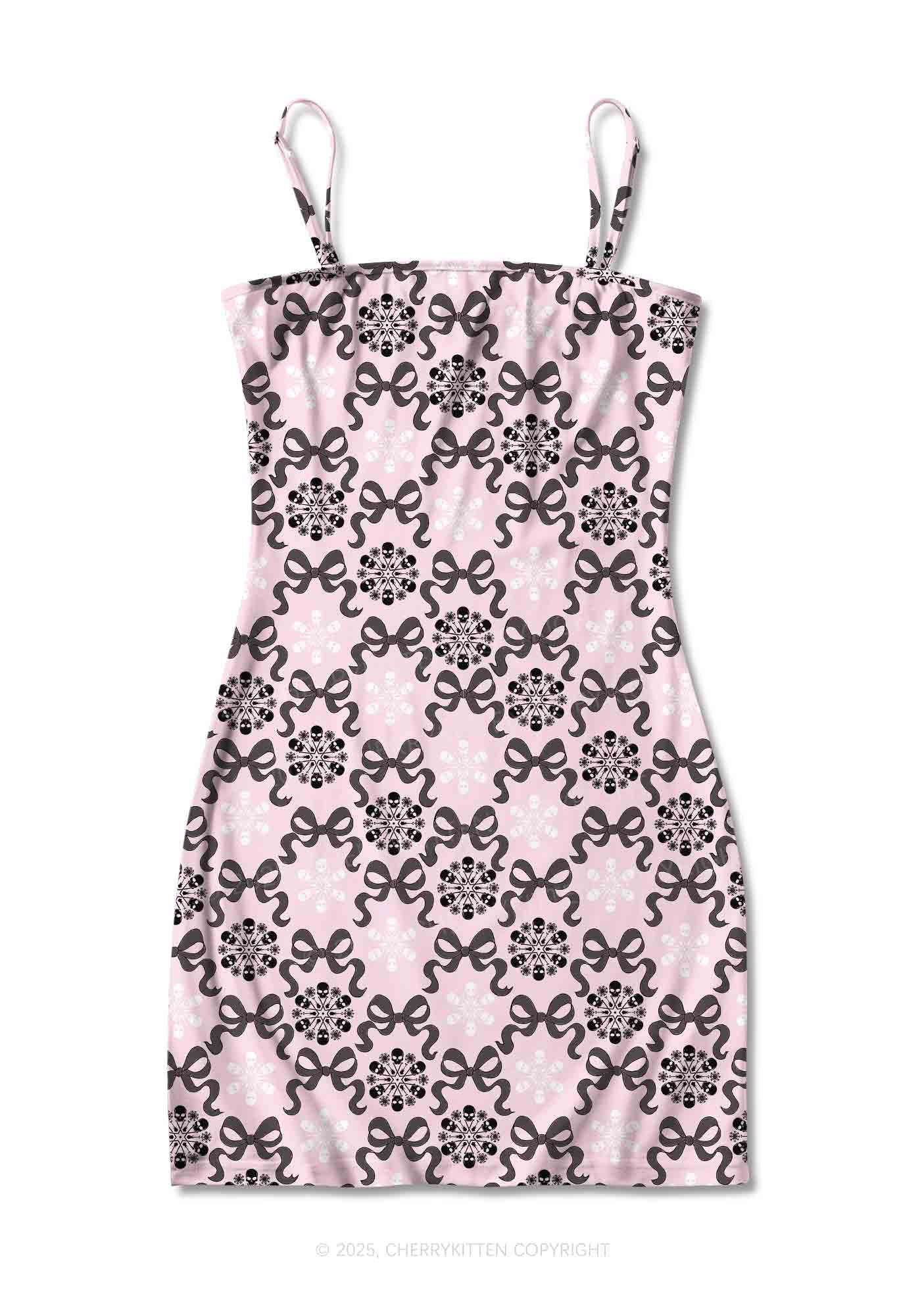 Cherrykitten Christmas Bow Skull Snowflakes Y2K Print Slip Dress Cherrykitten for Sale