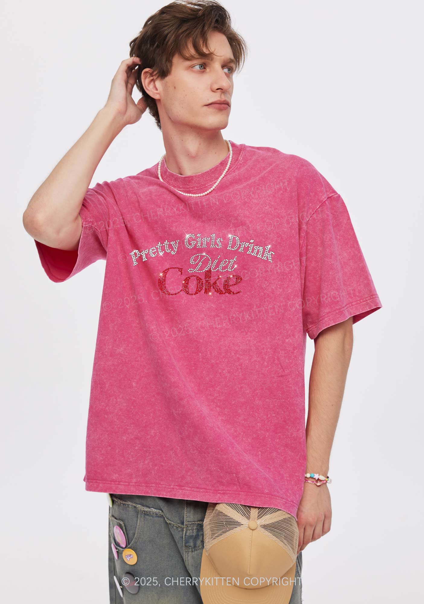 Rhinestone Pretty Girls Drink Diet Coke Y2K Shirts Washed Tee Cherrykitten
