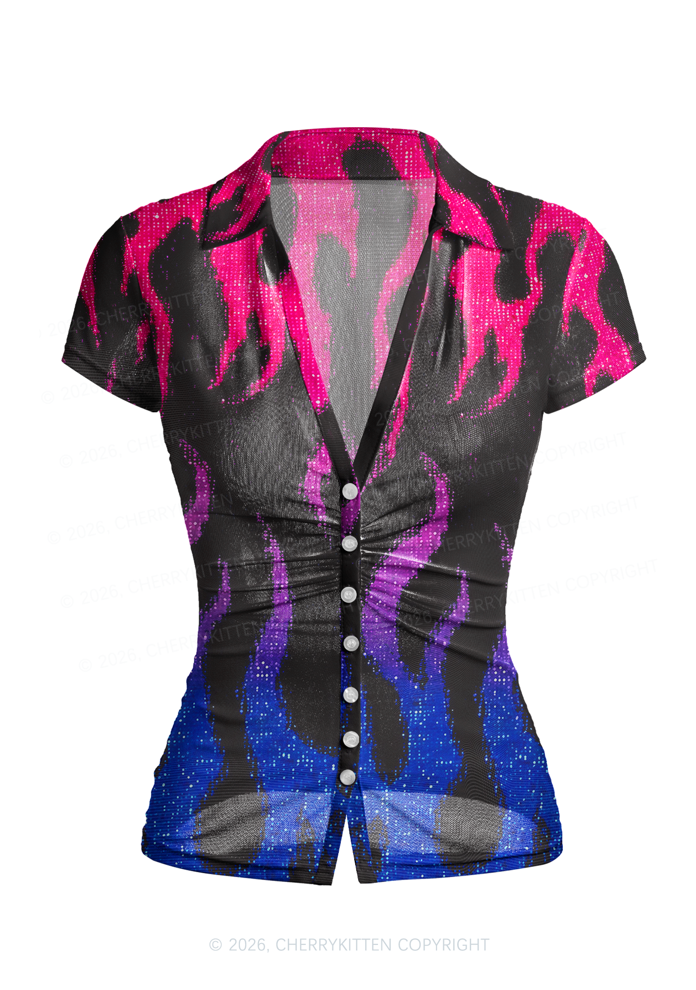 Bisexual Flame Pride Y2K Mesh Ruched Waist V Neck Top Cherrykitten
