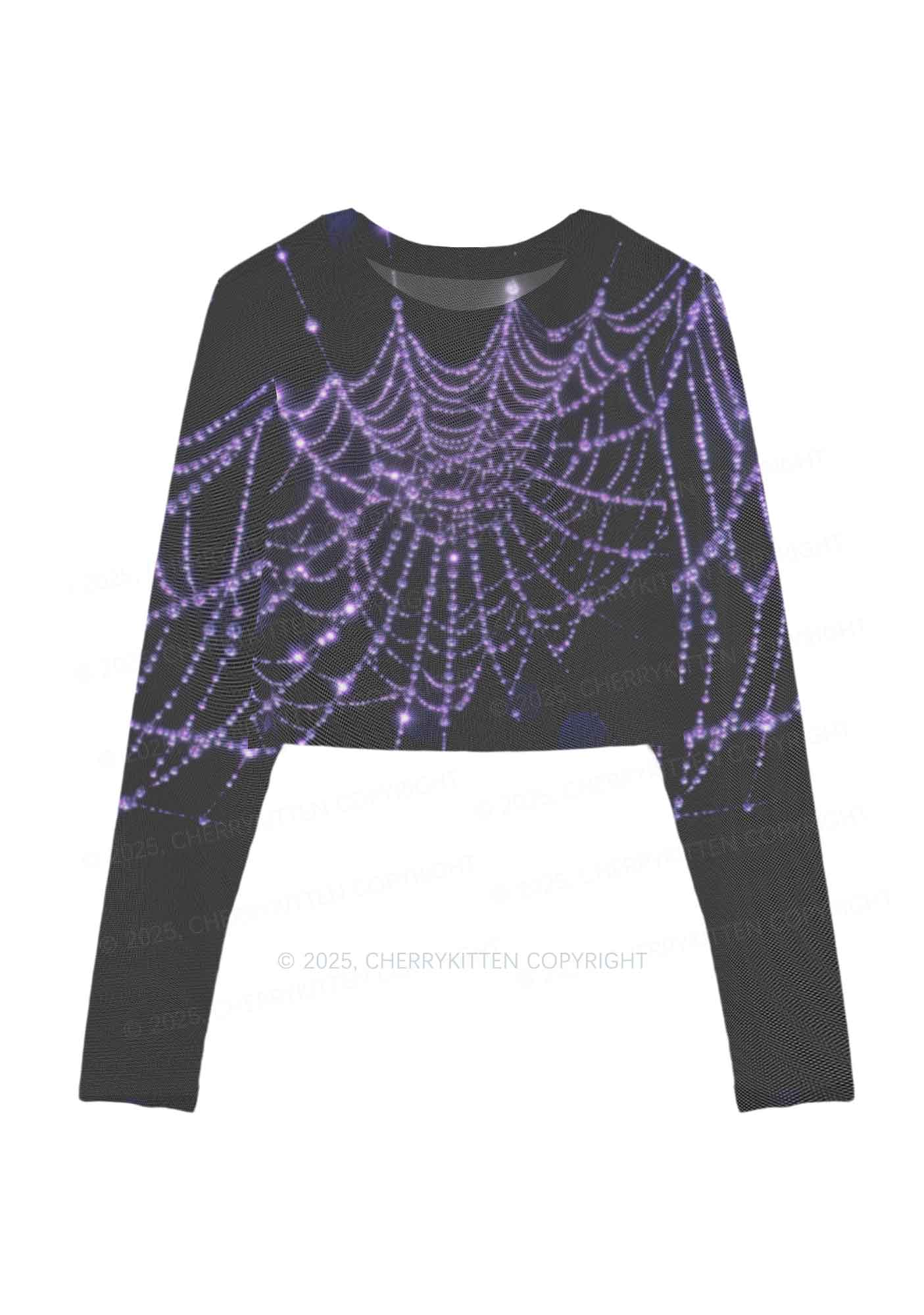 Glistening Spiderweb Y2K Mesh Long Sleeve Crop Top Cherrykitten