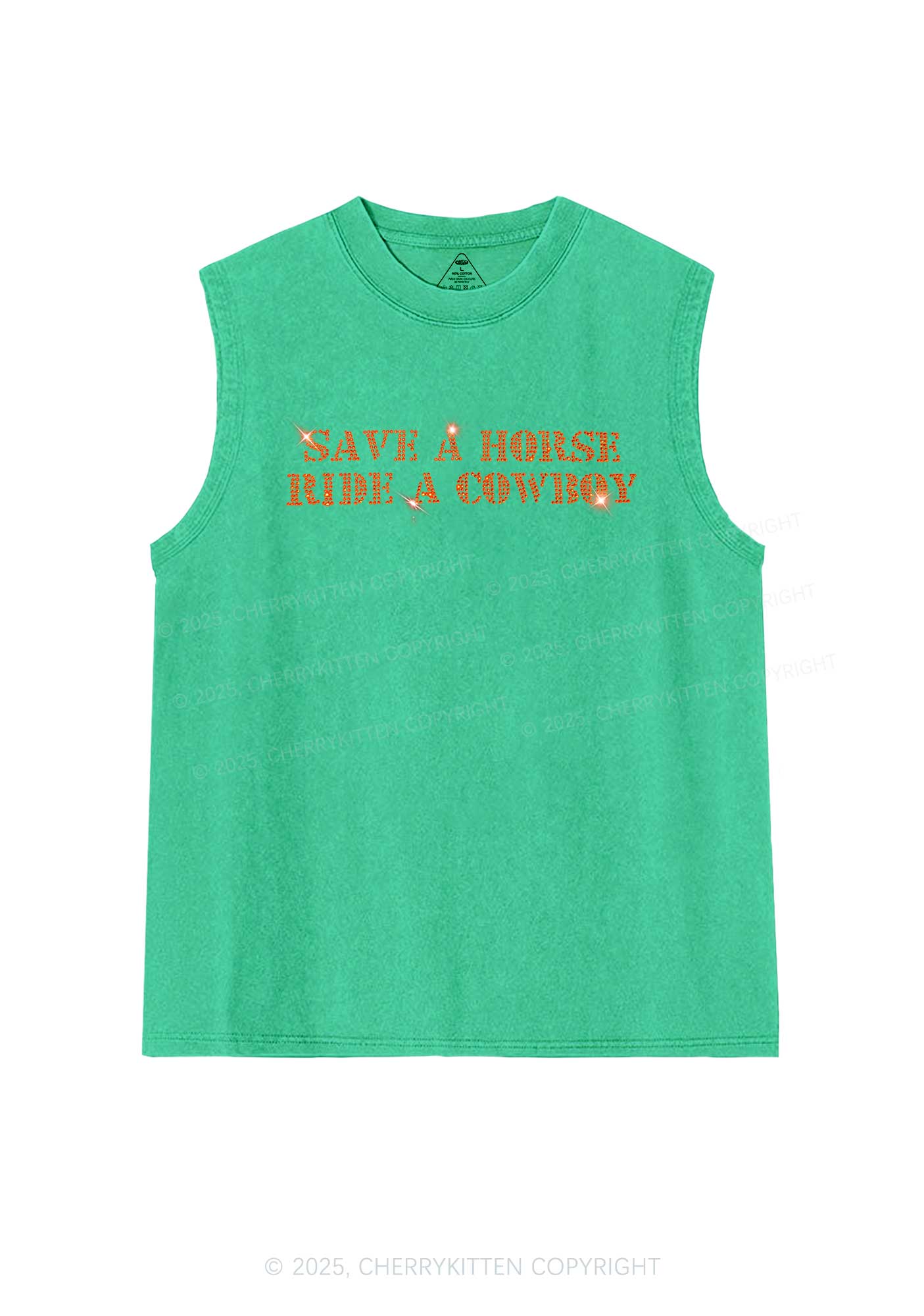 Rhinestone Save A Horse Ride A Cowboy Y2K Washed Muscle Tank Cherrykitten