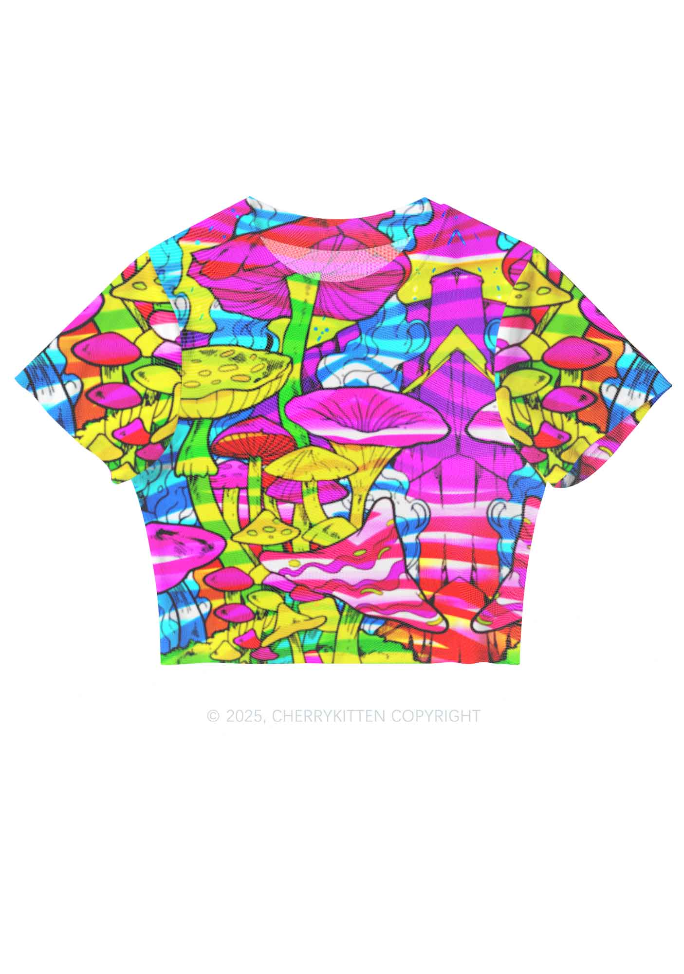 Trippy Colorful Mushrooms Y2K Mesh Crop Top Cherrykitten