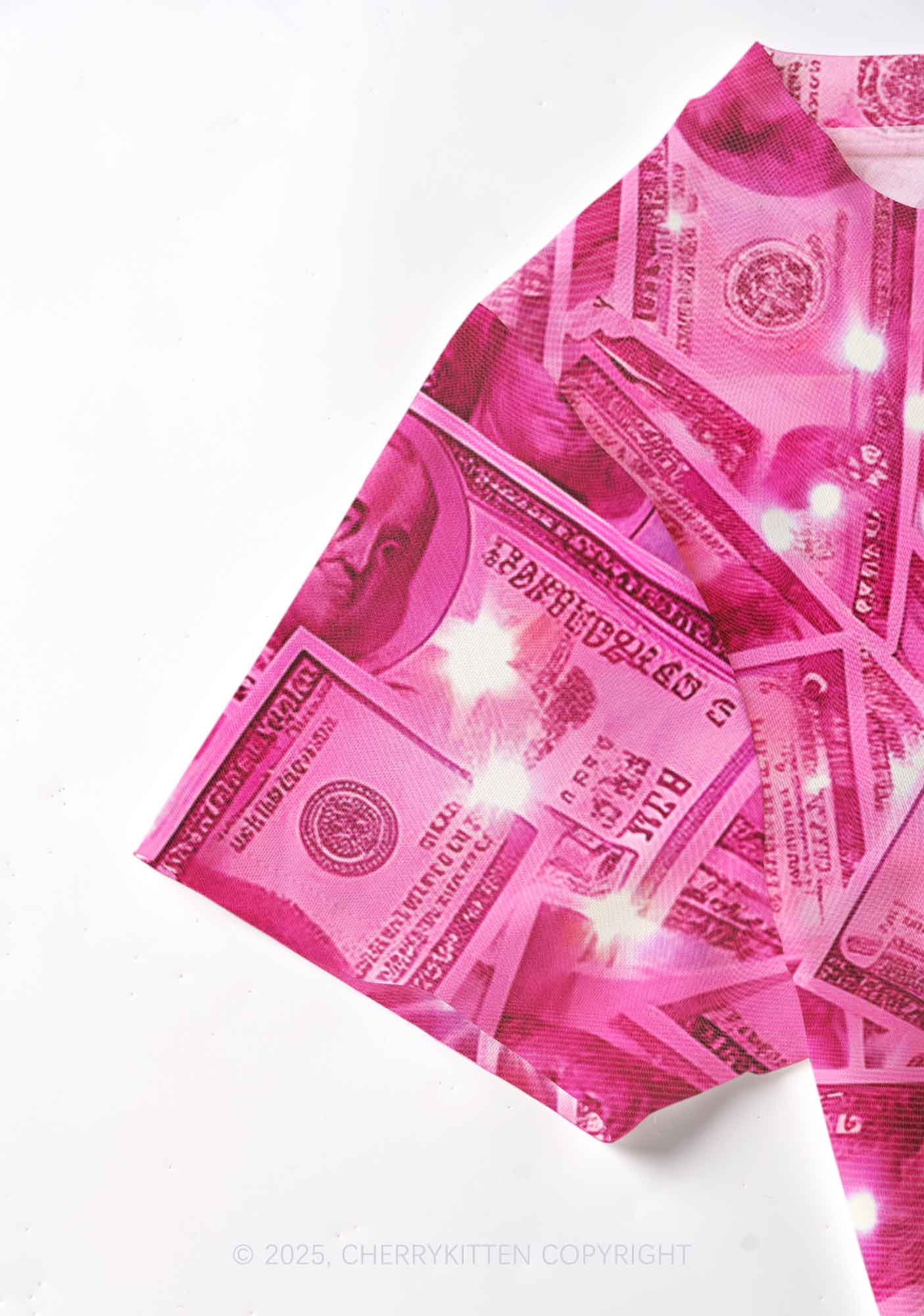 Pink Shiny Money Y2K Mesh Crop Top Cherrykitten