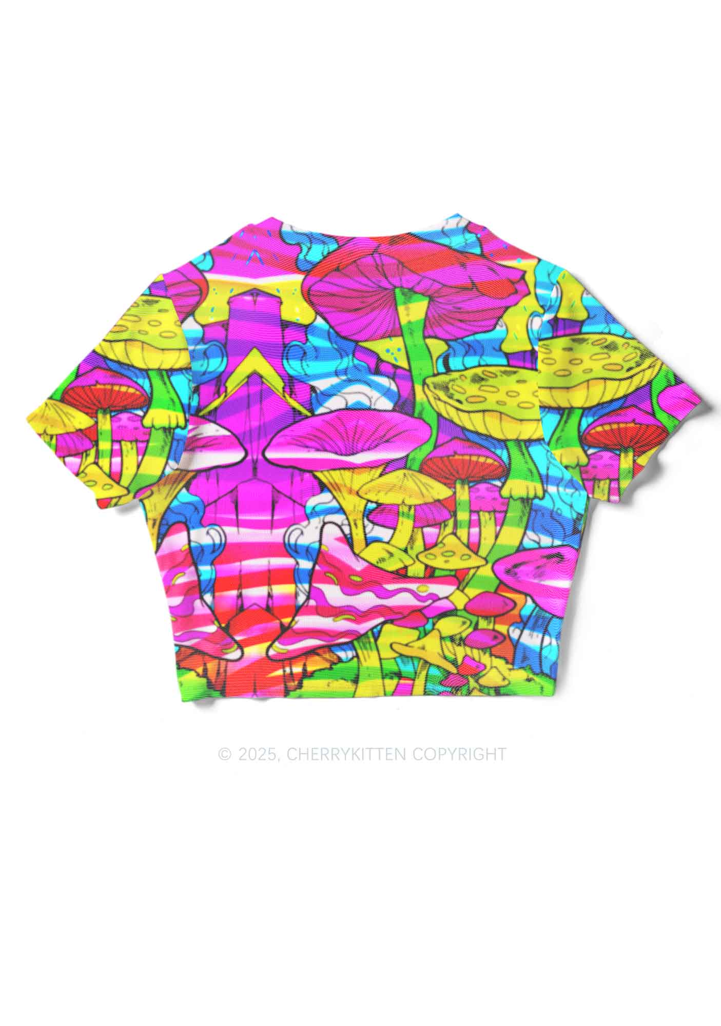 Trippy Colorful Mushrooms Y2K Mesh Crop Top Cherrykitten