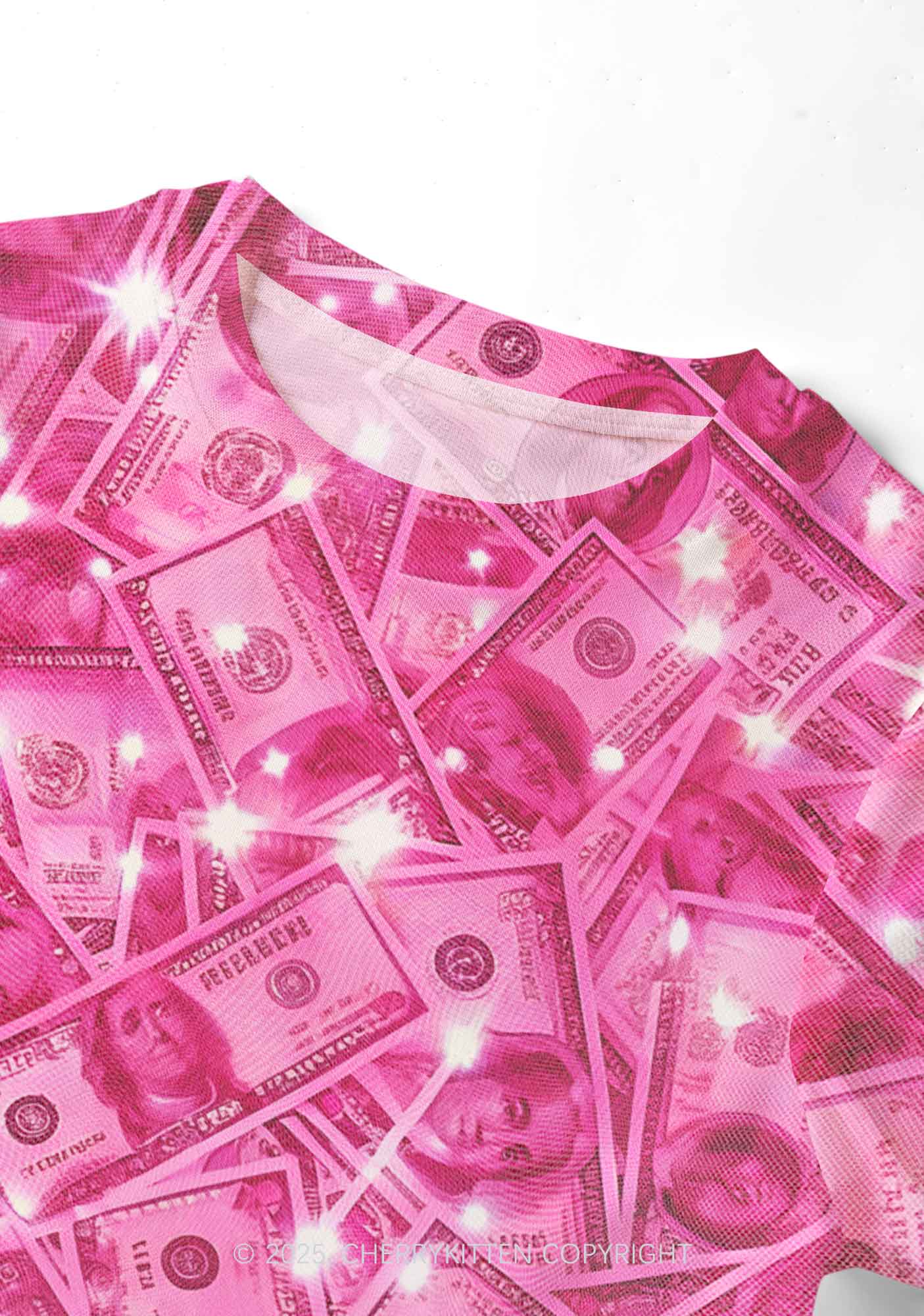 Pink Shiny Money Y2K Mesh Crop Top Cherrykitten