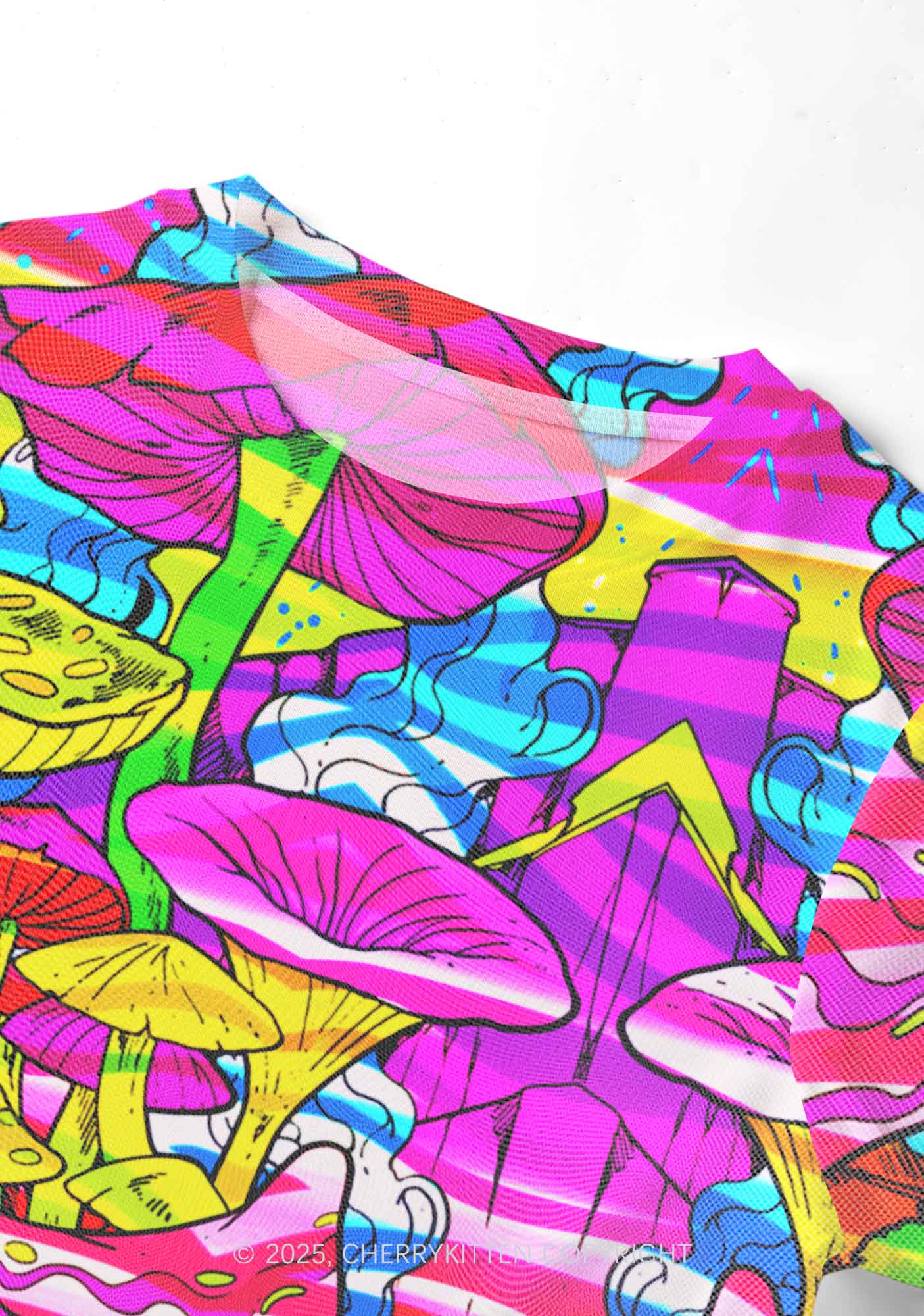 Trippy Colorful Mushrooms Y2K Mesh Crop Top Cherrykitten