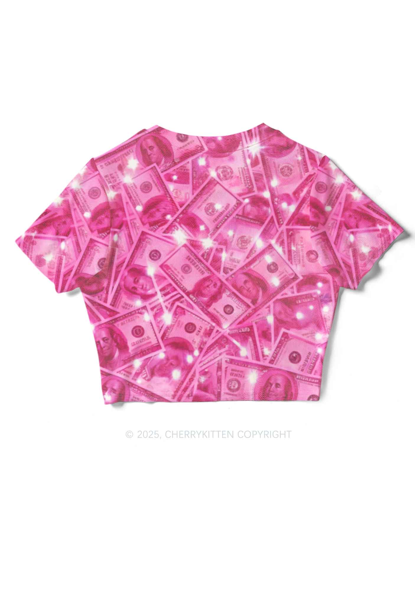 Pink Shiny Money Y2K Mesh Crop Top Cherrykitten