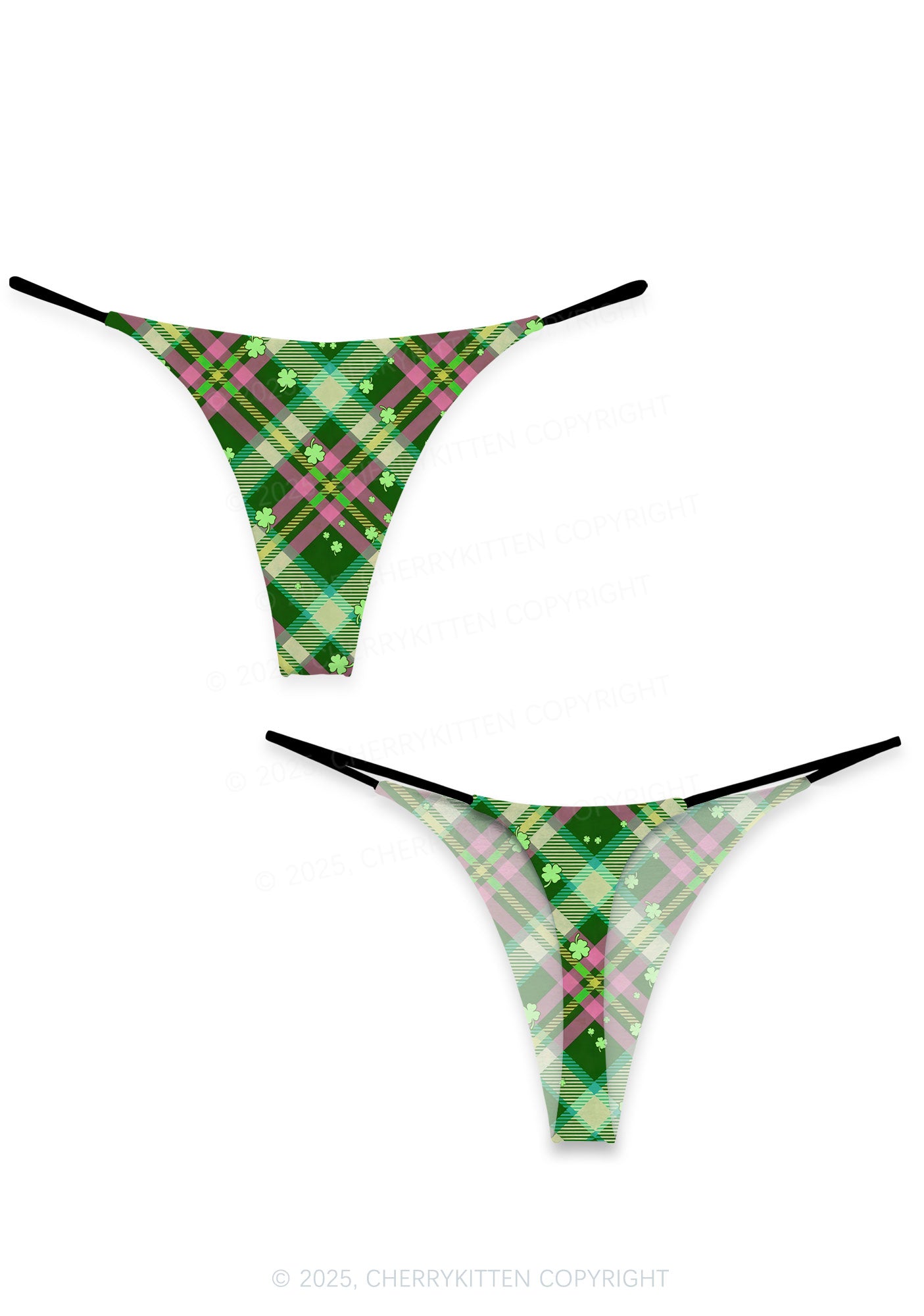 Four Leaf Clover Plaid St Patricks Y2K Print Bikini String Thong Cherrykitten