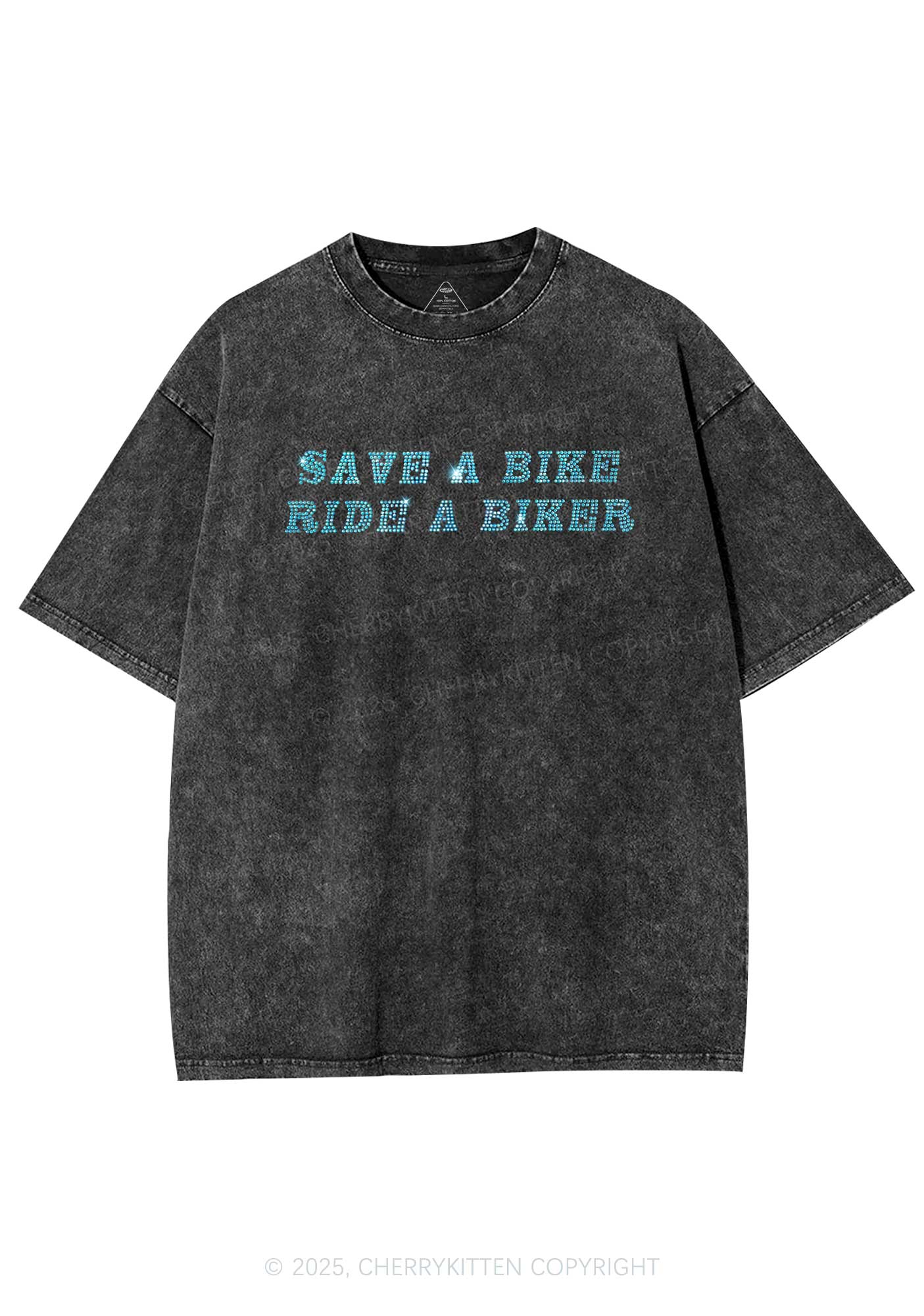Rhinestone Save Bike Ride Biker Y2K Shirts Washed Tee Cherrykitten