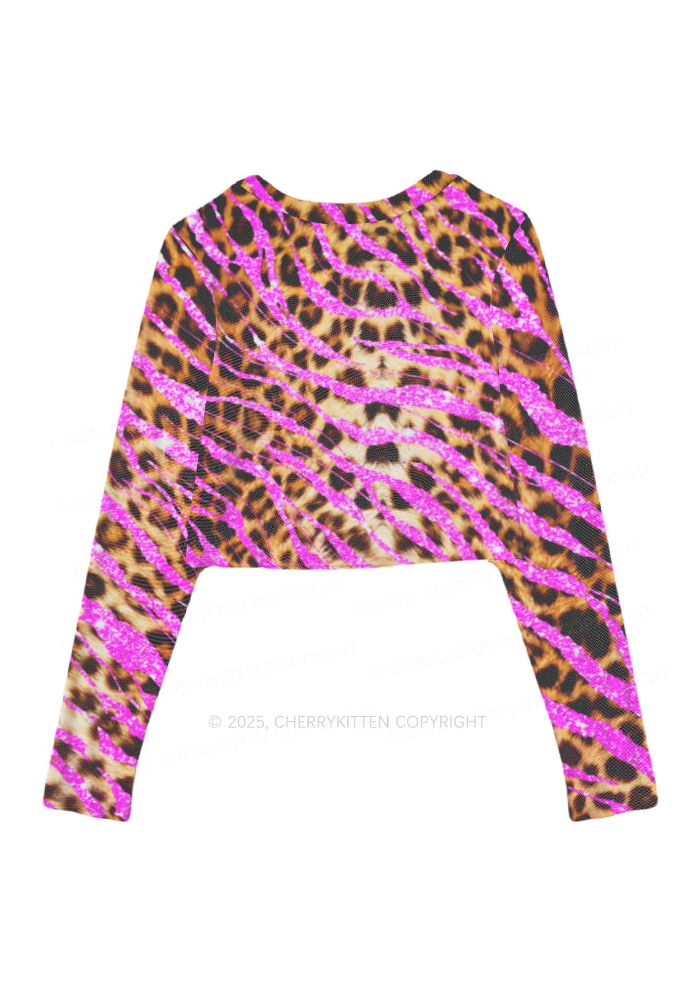 Sparkle Pink Leopard Y2K Mesh Long Sleeve Crop Top Cherrykitten