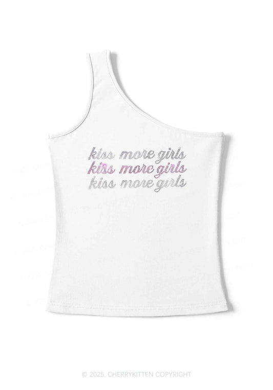 Rhinestone Kiss More Girls Pride Y2K One Shoulder Tank Top Cherrykitten