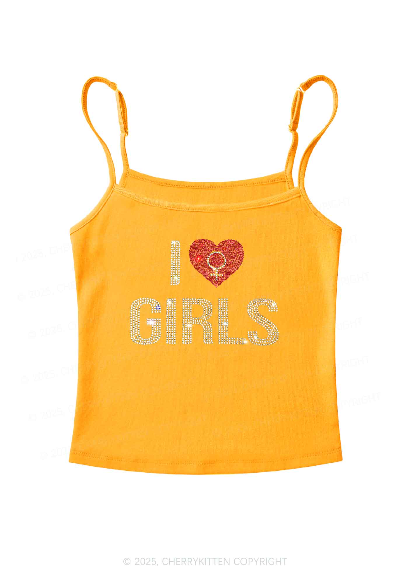 Rhinestone I Love Girls Pride Y2K Spaghetti Strap Cami Cherrykitten